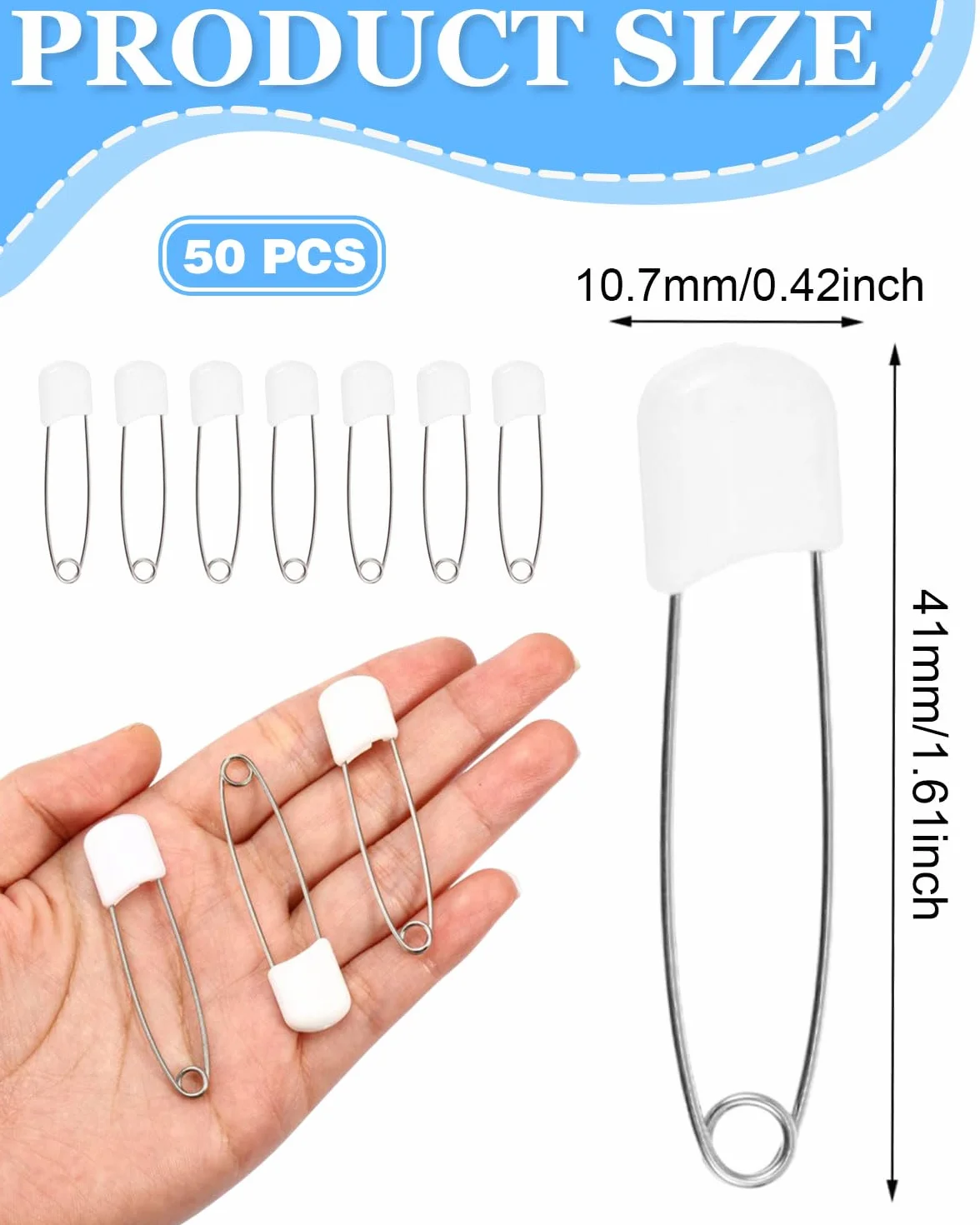 Spille da balia in acciaio inox 40 mm con chiusura a blocco, 50 pezzi, bianco