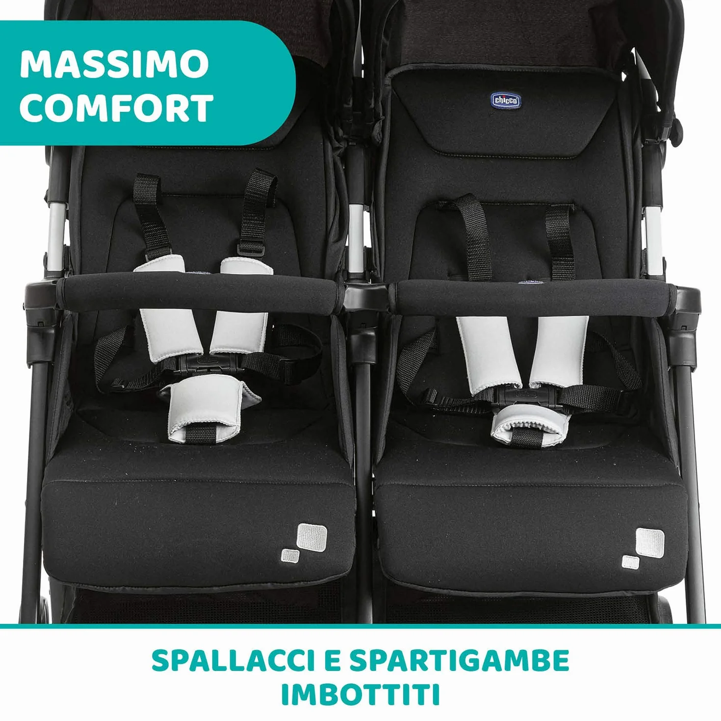 Chicco OHlalà Twin Passeggino Gemellare Doppio Leggero Reclinabile Pieghevole Chiusura Compatta Nero
