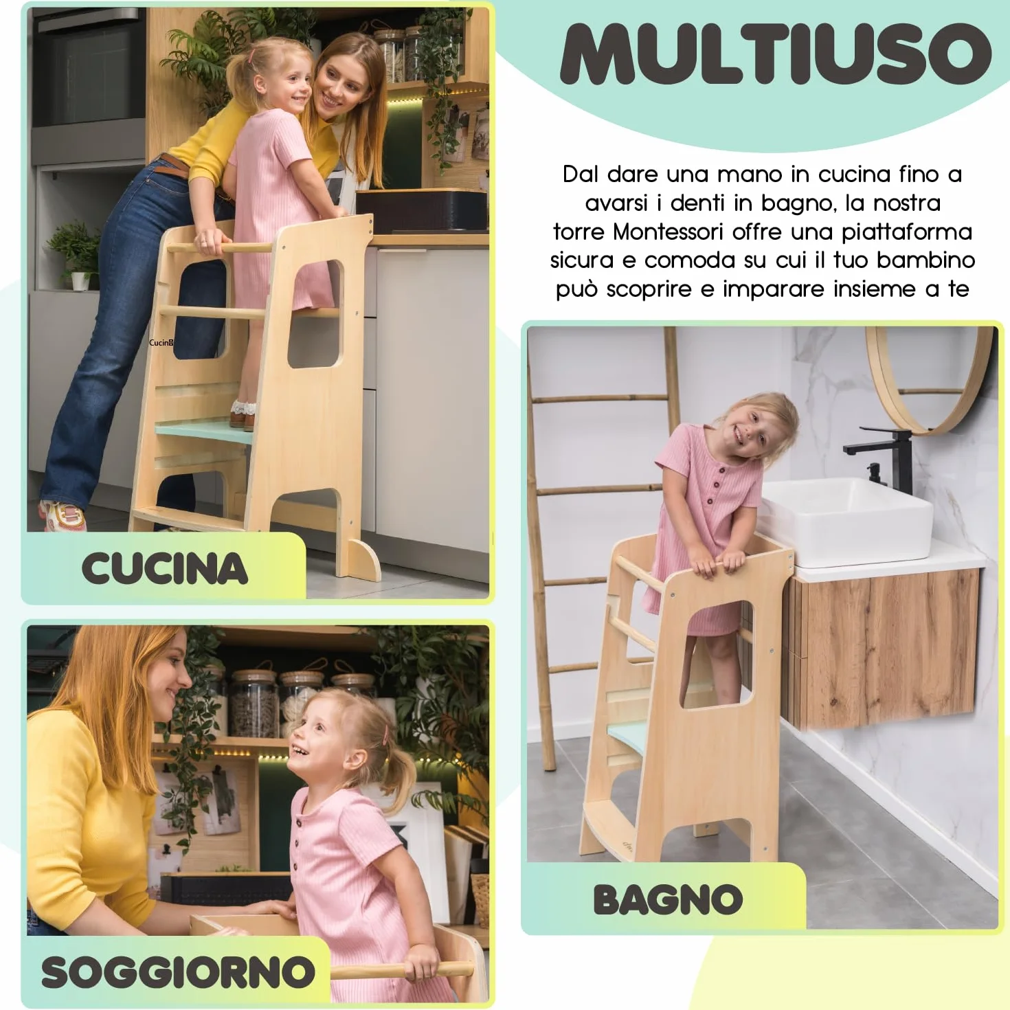 Torre Montessoriana bambini legno naturale 3 livelli Antiscivolo Anti ribaltamento Doppia barra sicurezza CE
