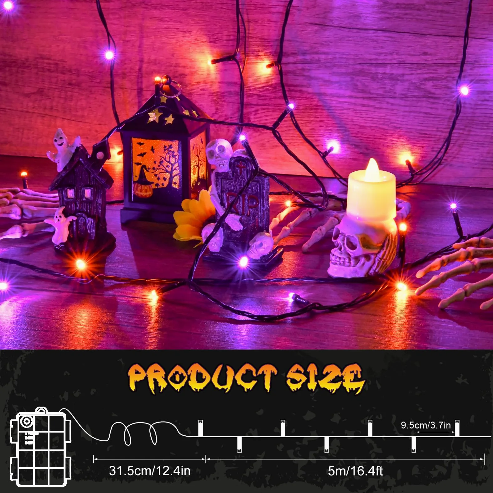 cshare Stringa di luci arancioni e viola con timer impermeabile, luci per Halloween per esterni, 5 m, 50 LED, per interni ed esterni, decorazioni di Halloween, ghirlanda, feste, patio, giardino,