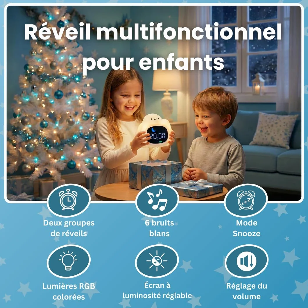Sveglio bambino educativo giorno/notte - luce notturna per bambini musicale e luminosa, 4 anni di luminosità, orologio educativo con musica rilassante, rumore bianco, decorazione per camera da letto