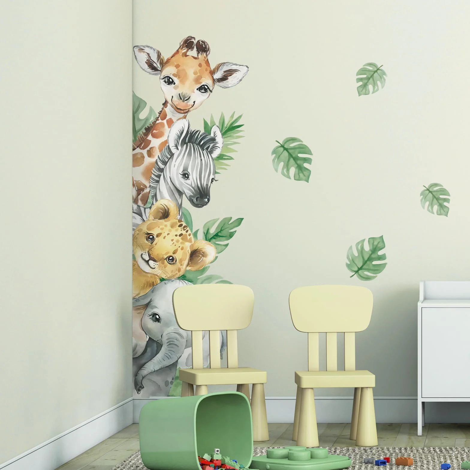 Naklejki ścienne z zwierzętami dżungli Giraffa Zebra Zielone Liście dla dzieci