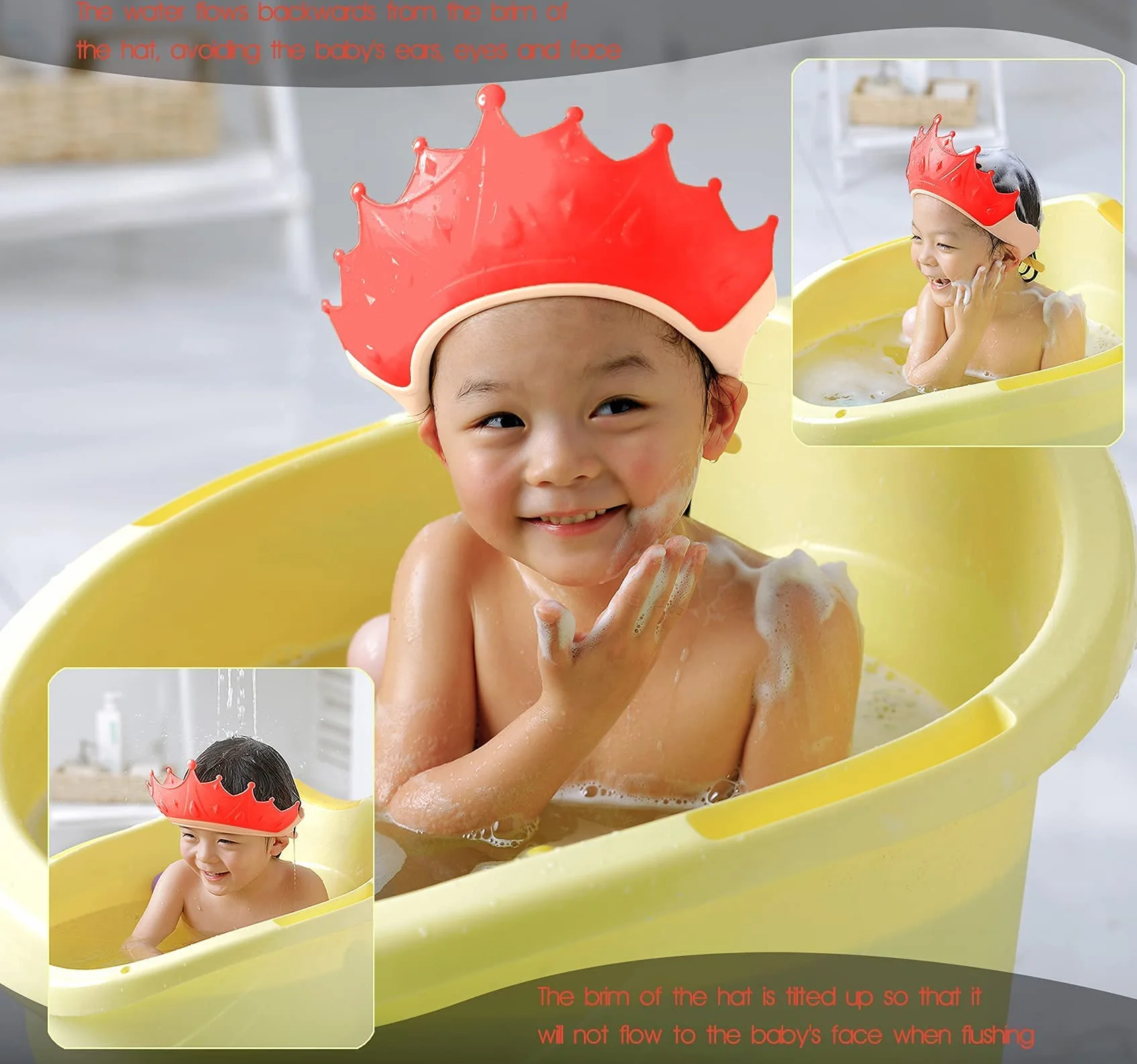 Cuffia da doccia per bambini regolabile impermeabile, protezione shampoo senza lacrime, 0-9 anni (rosso)