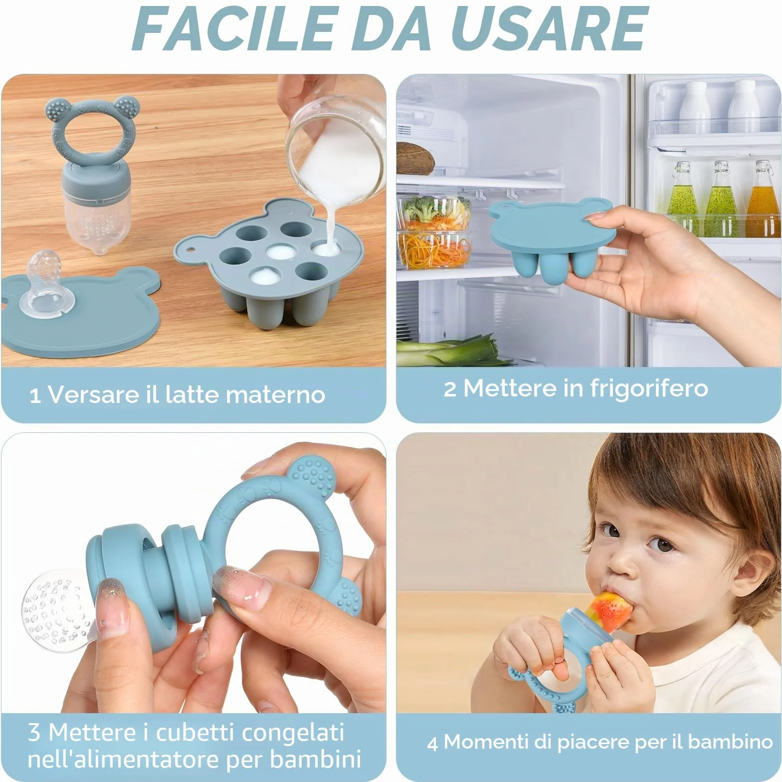 Ciuccio Per Alimenti Aolso, Ciuccio Per Frutta Alimentatore, Allevia Dolore Gengive, Vassoi Congelatore (Blu)