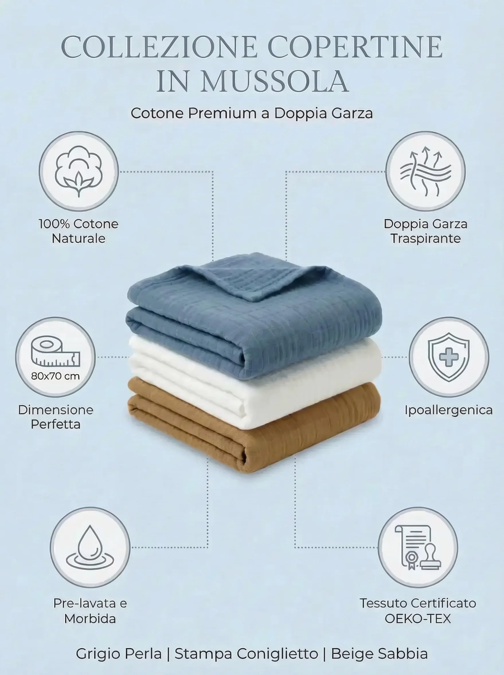 BABYSAFE Mussole Neonato Cotone Biologico 80x70cm Doppia Garza Pacco da 3 Copertina OEKO-TEX Made in Europe