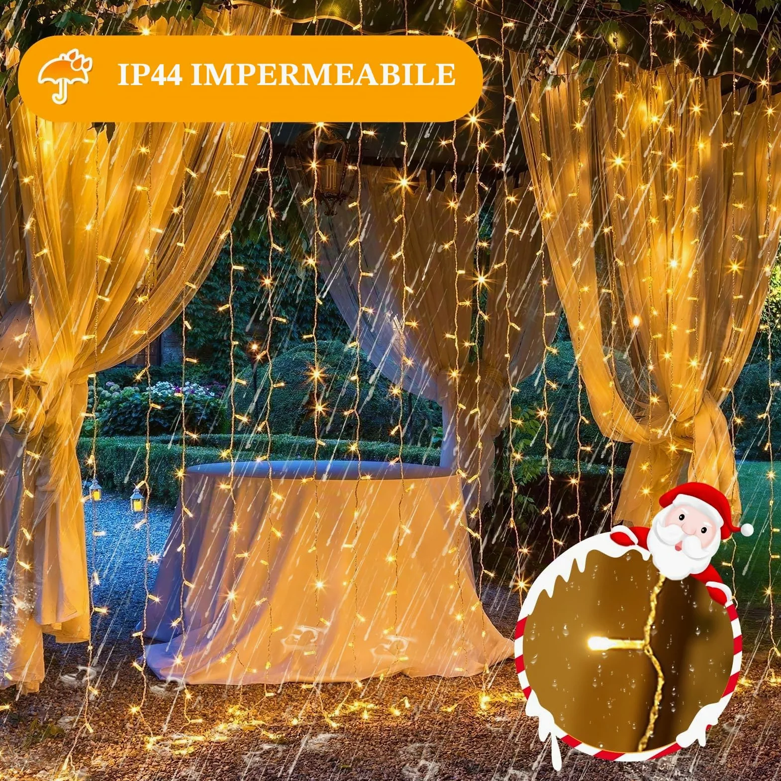 Tenda Luminosa Esterno 6Mx3M,GlobaLink 600LEDs Luci Natale Interno IP44 Impermeabile,Catena Luminosa Esterno Collegabile Luci Cascata 8 Modalità Luce per Natale,Tenda,Finestra,Giardino-Bianco Caldo