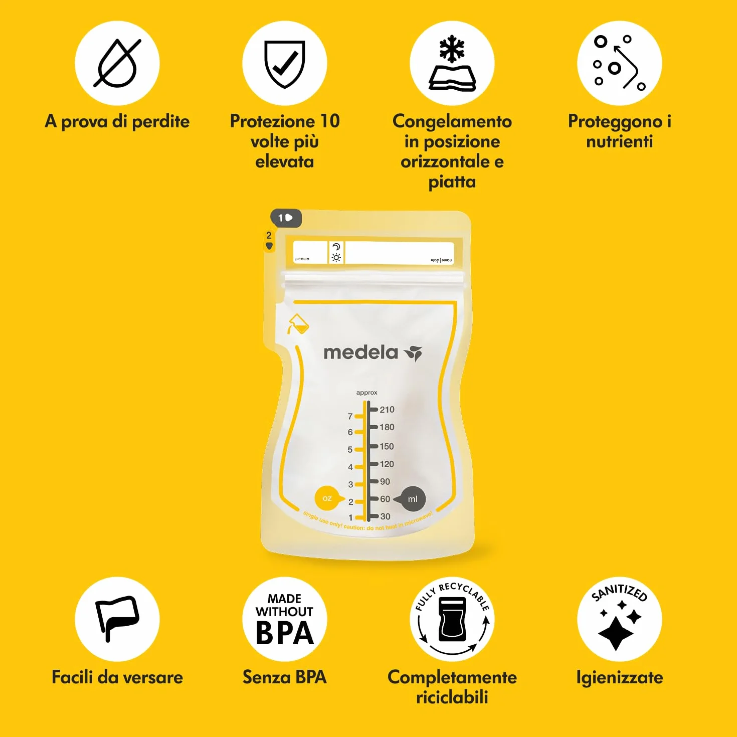 Medela Sacche Monouso Easy Pour Conservazione Latte Materno 210 ml Senza BPA Confezione 100 Pezzi