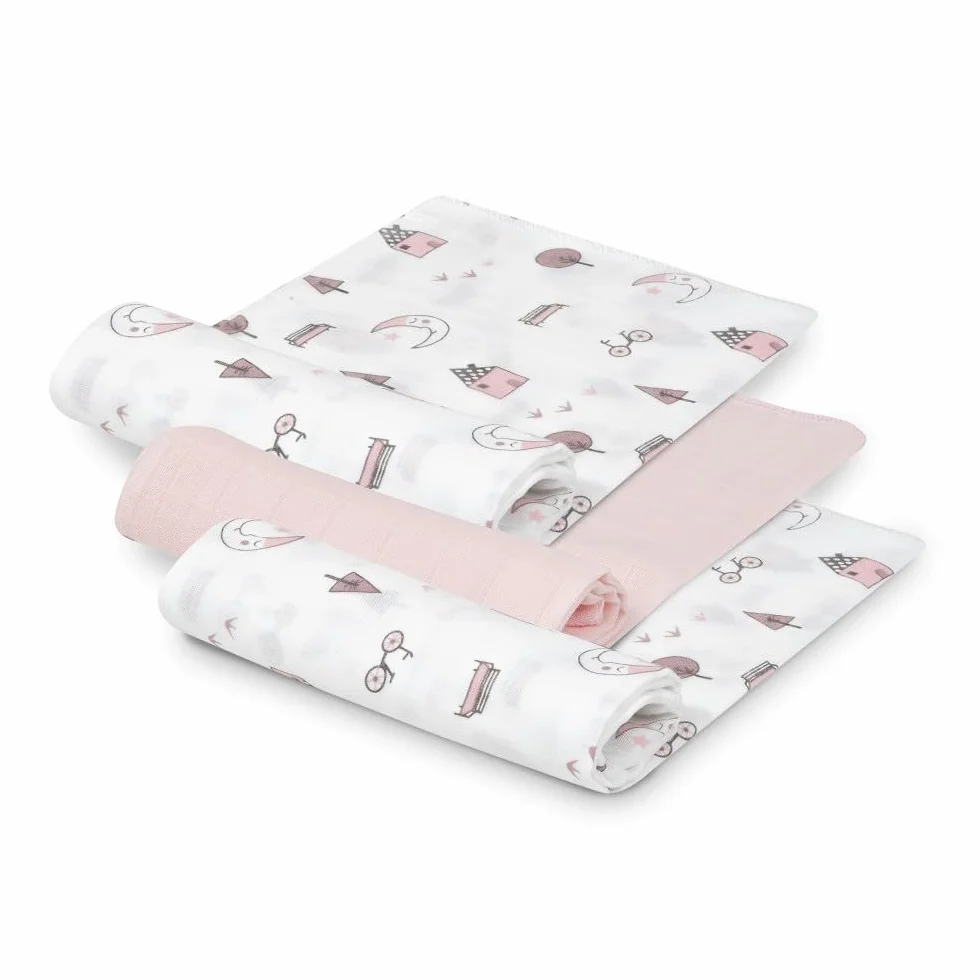 INTERBABY Set di 3 Mussole di Bambù MOON rosa per neonati 55x70 cm