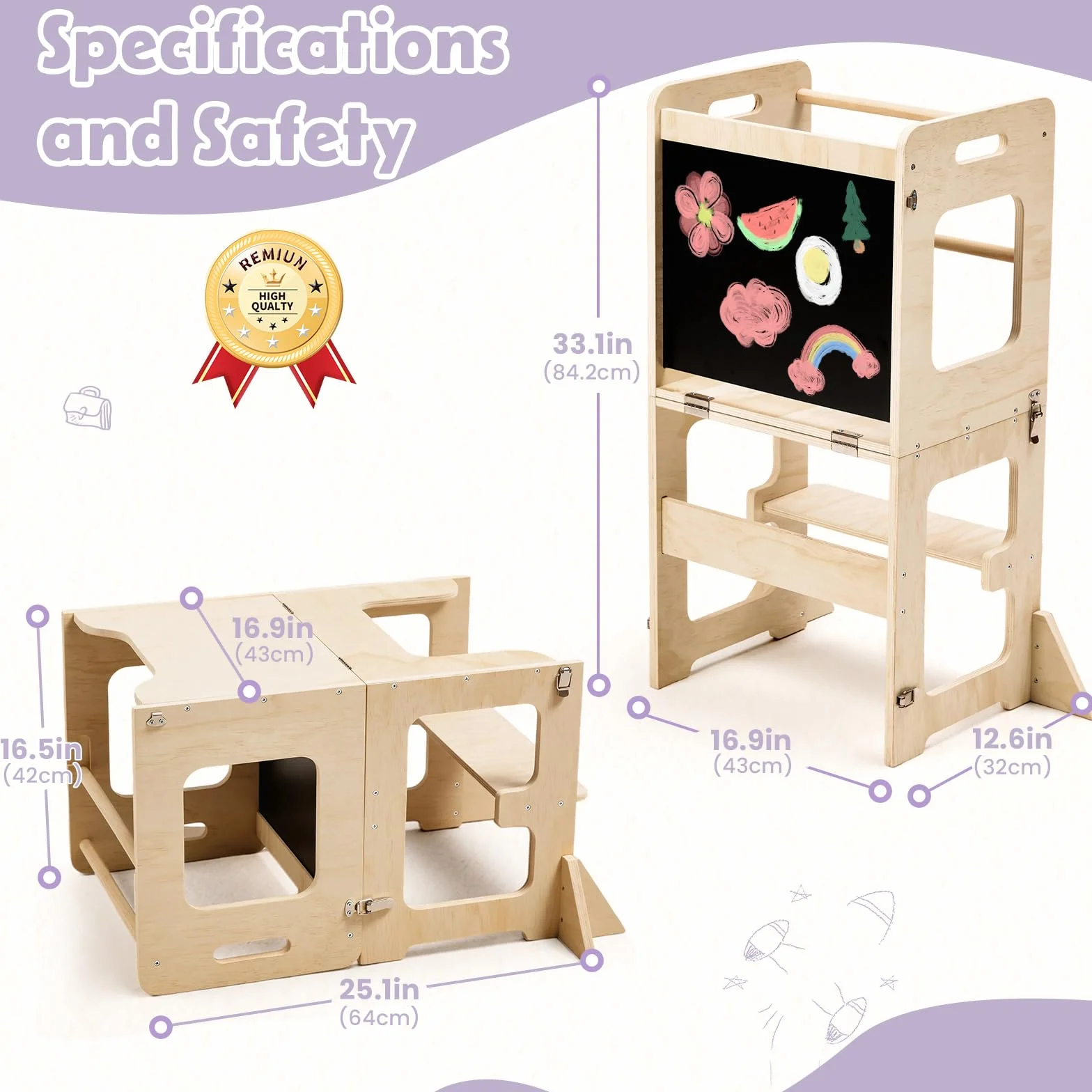 Labebe 4 in 1 Pieghevole Torre di Apprendimento Montessori per Bambini con Lavagna Nera Legno Anti-Ribaltamento 18 Mesi
