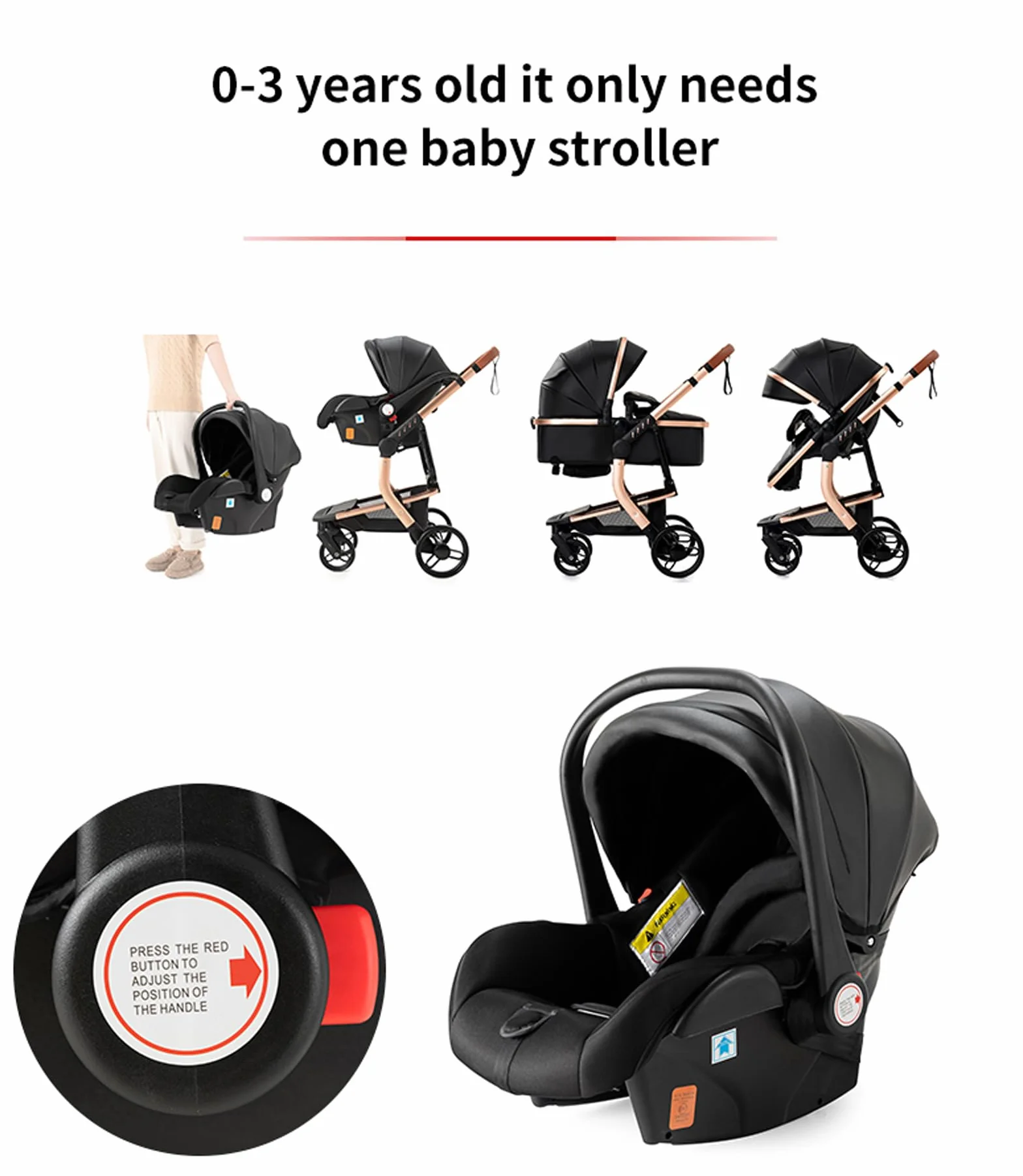 Passeggino 3 in 1 Trio Neonati Pelle PU Carrozzino Pieghevole 518 White