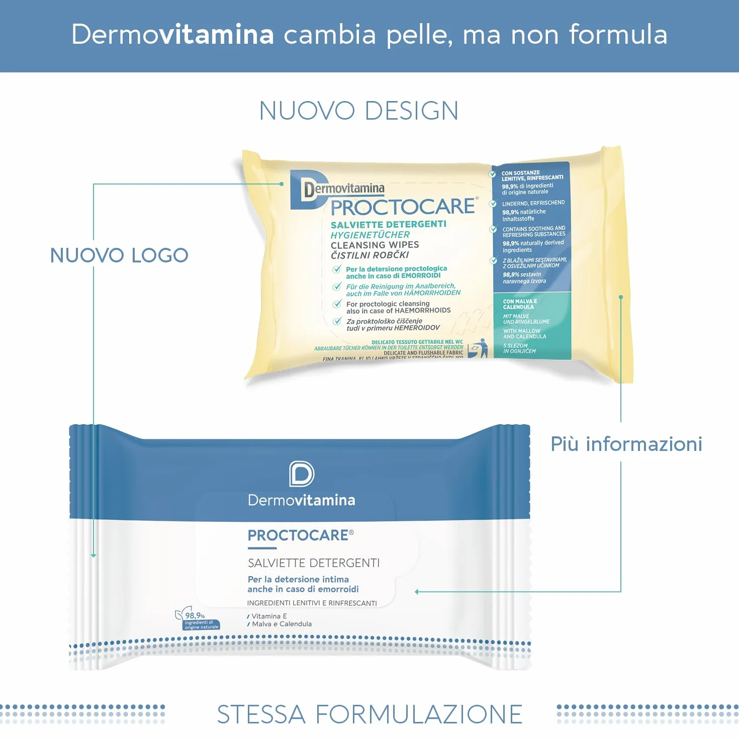 Proctocare Salviette Detergenti Dermovitamina Igiene Intima Trattamento Emorroidi Malva Calendula Tessuto Biodegradabile 15 pz