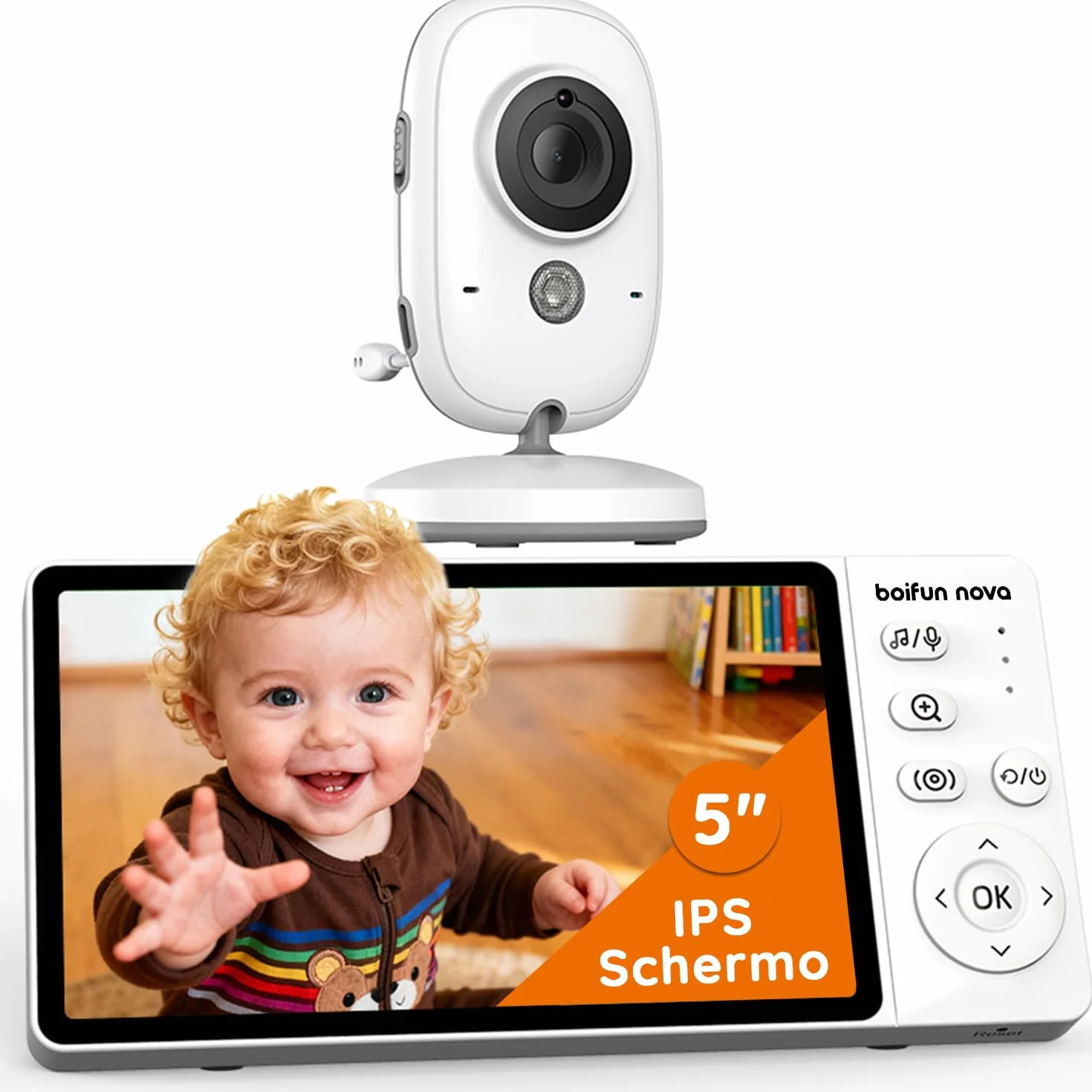 Baby Monitor Video e Audio 5" IPS 1080P, Visione Notturna, VOX, Zoom 3x, Plug & Play Senza WiFi per Neonati