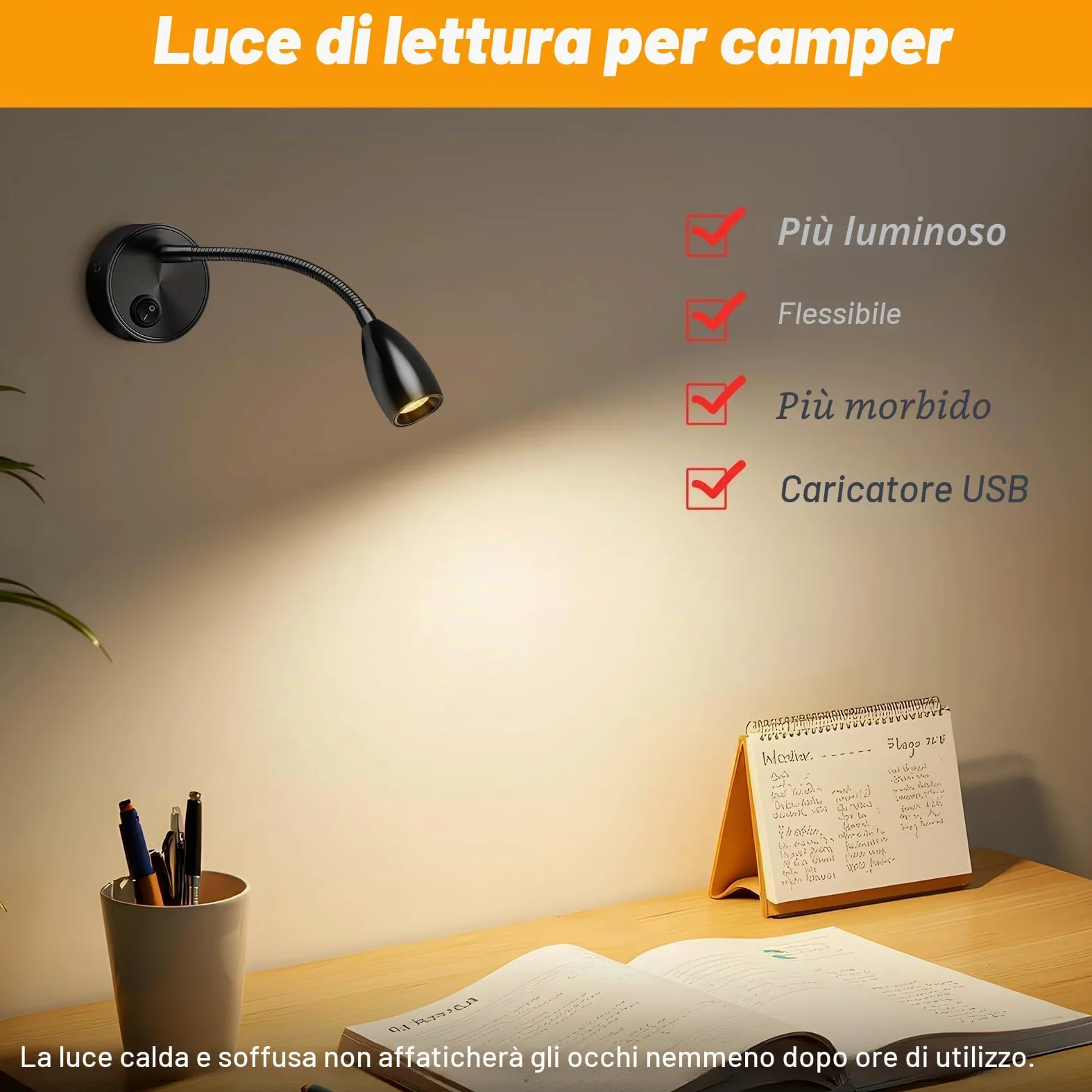 ERWEY 2er LED lampada da lettura 12V camper, lampada da parete 3W 3000K lampada da letto con collo d'oca flessibile e porta di ricarica USB per barca, auto, Van Caravan illuminazione interna, nero