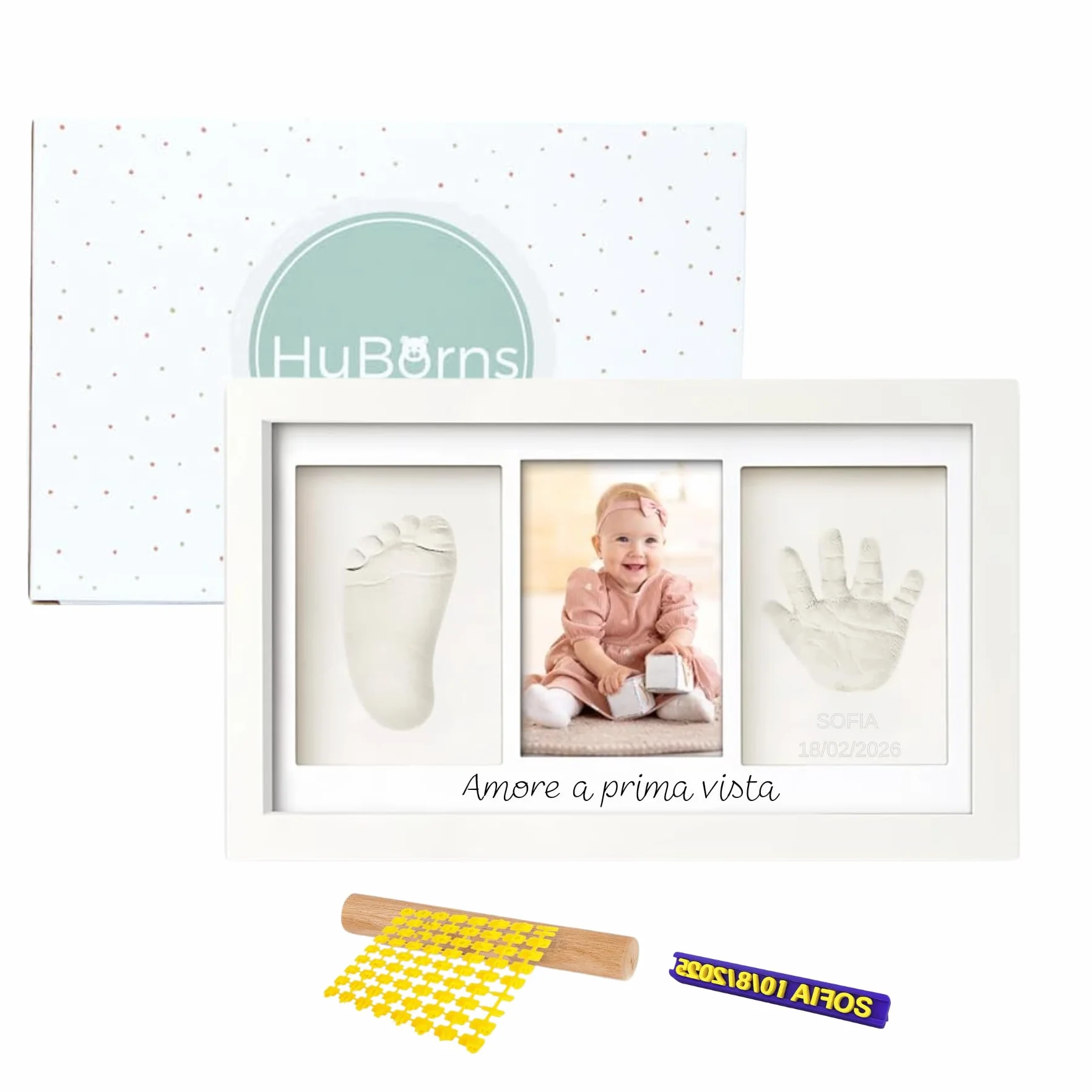 Kit impronte neonato con argilla e cornice per calco mani e piedi, idea regalo nascita o battesimo, ricordo originale bianco
