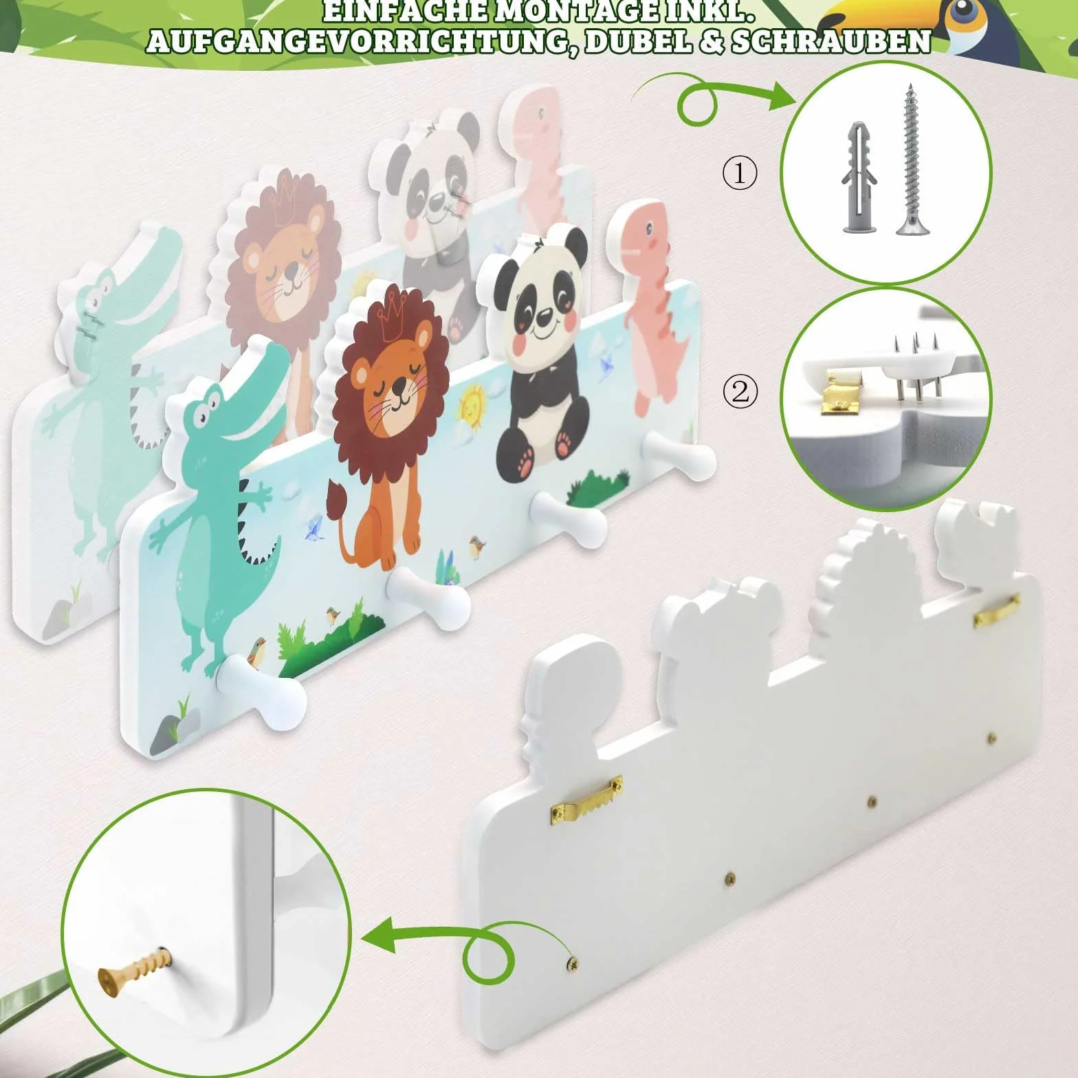 Liangding Appendiabiti da Parete per Bambini, 4 Gancio in Legno Animali e Dinosauri, 39x15x5cm