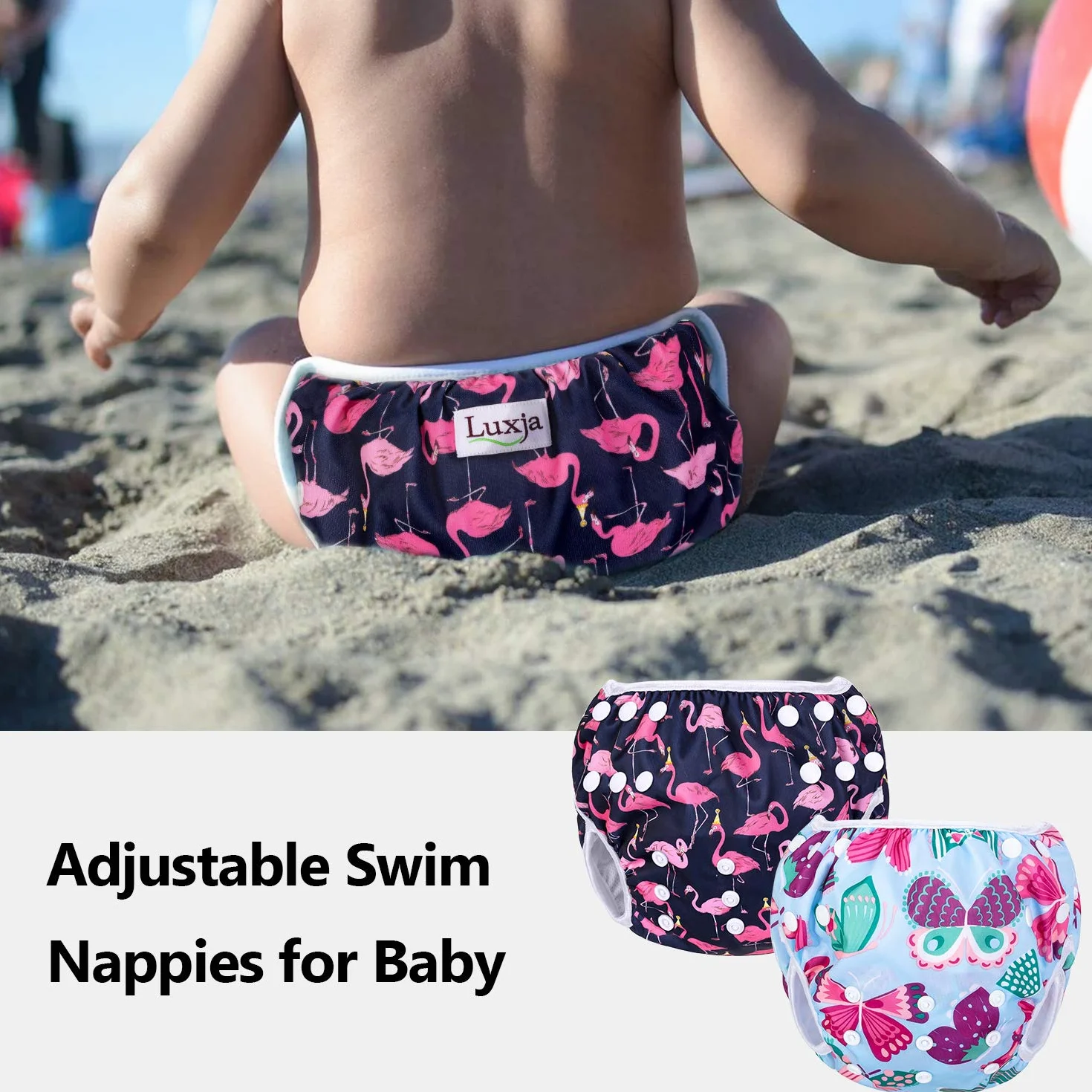 Luxja Pannolini da Nuoto Riutilizzabili Confezione da 2, Impermeabili Lavabili per Piscina 0-3 Anni Farfalla Fenicottero