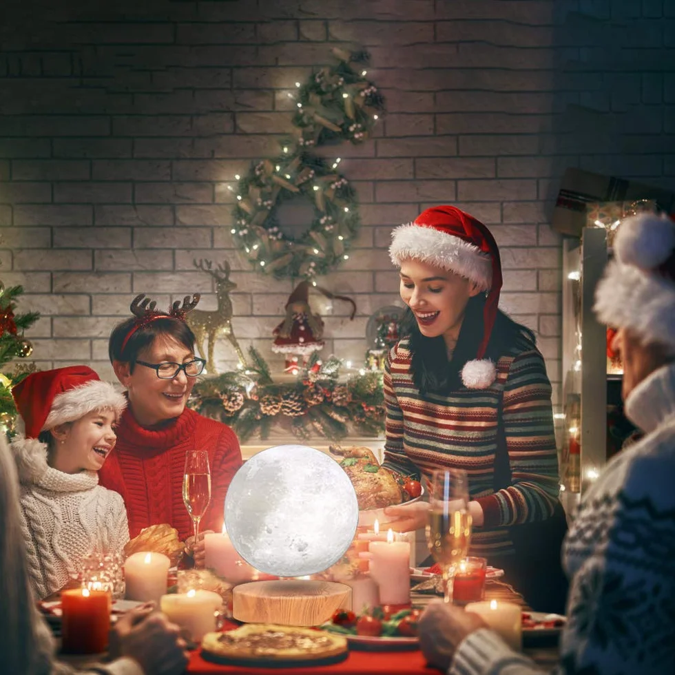 Lampada VGA a forma di luna che oscilla liberamente nell'aria, con base in legno e luce di luna della stampa 3D, per regali unici, Room Decor, luce notturna, scrivania giocattolo Tech