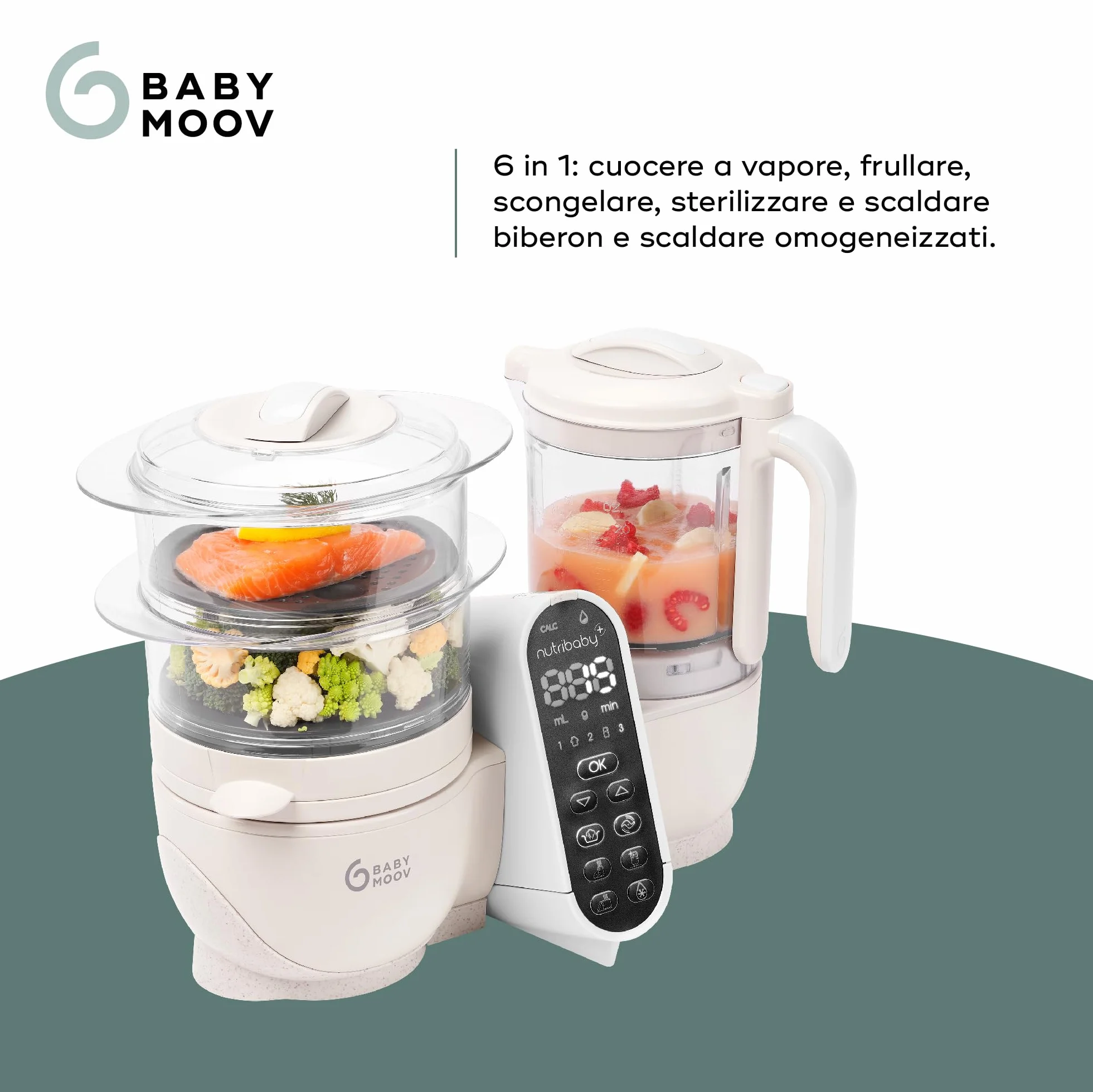 Babymoov Nutribaby(+) Cuocipappa 6 in 1, cuocivapore, frullatore, grande capacità, batchcooking - Mineral Beige