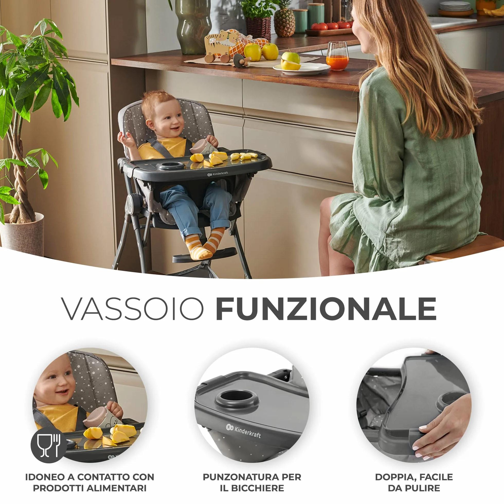 Kinderkraft FOLDEE Seggiolone Pappa Pieghevole Regolabile Grigio