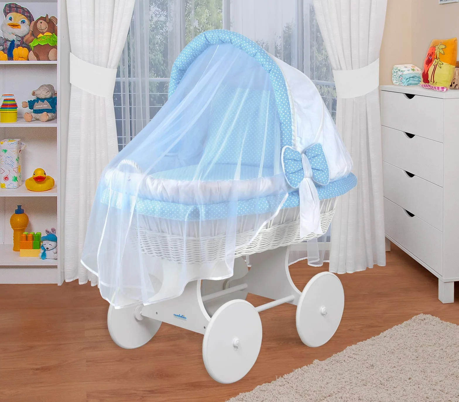 WALDIN Culla con cappotta e ruote XXL, telaio bianco, tessile bianco/blu