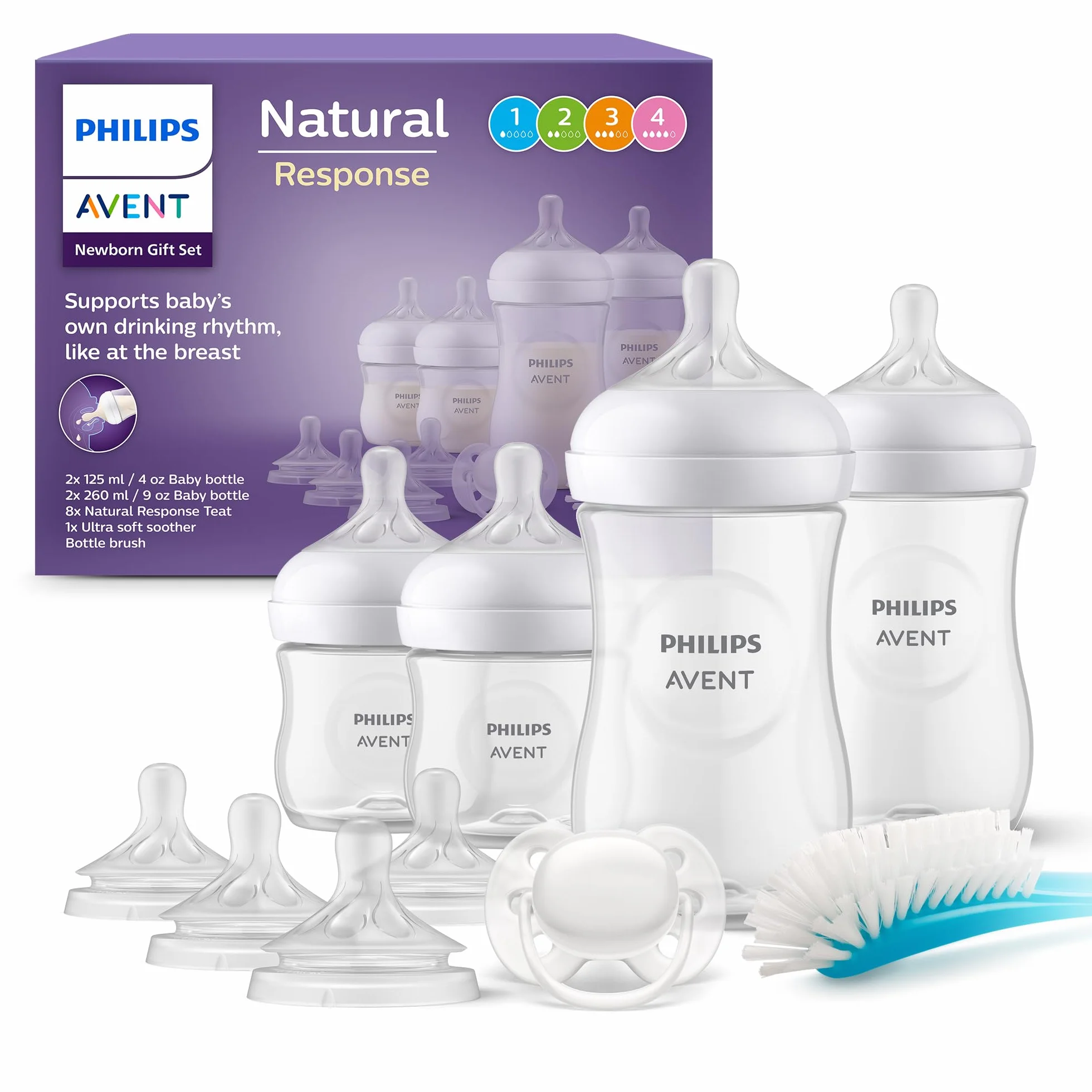 Philips Avent Set Regalo Neonati 4 Biberon 2 Tettarelle Extra Ciuccio Ultra Soft Spazzola per Biberon 0-12 Mesi SCD838/13