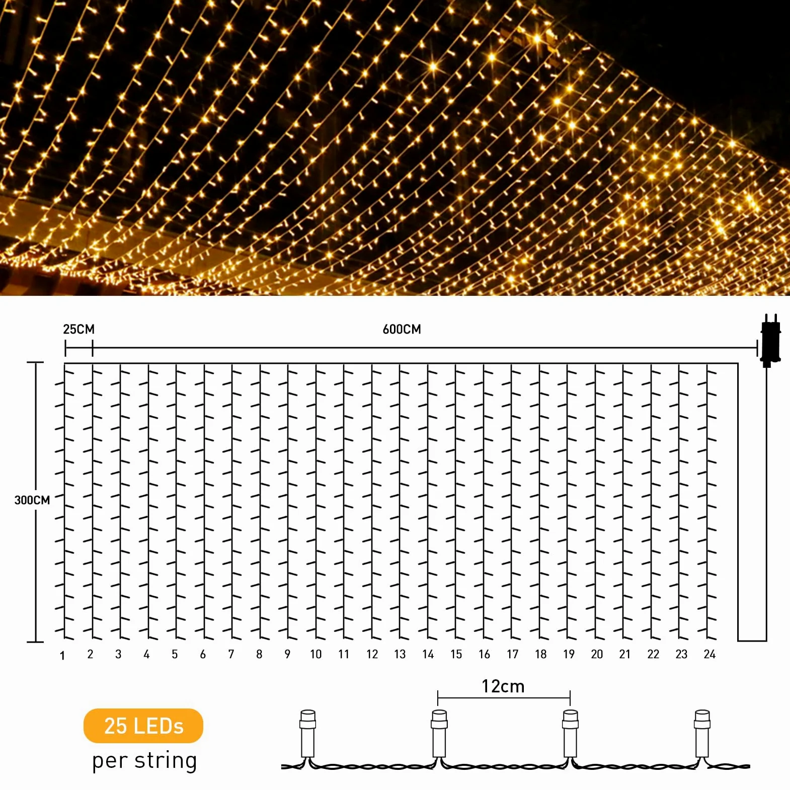 Tenda Luminosa Esterno 6Mx3M,GlobaLink 600LEDs Luci Natale Interno IP44 Impermeabile,Catena Luminosa Esterno Collegabile Luci Cascata 8 Modalità Luce per Natale,Tenda,Finestra,Giardino-Bianco Caldo