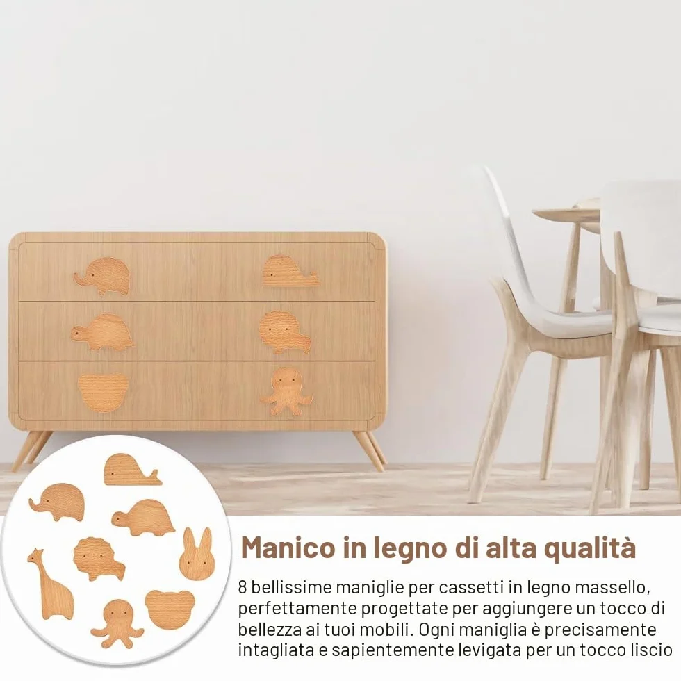 Pomelli per Mobili Bambini Maniglie Armadio Orso Leone Coniglio 8 pz Legno Viti
