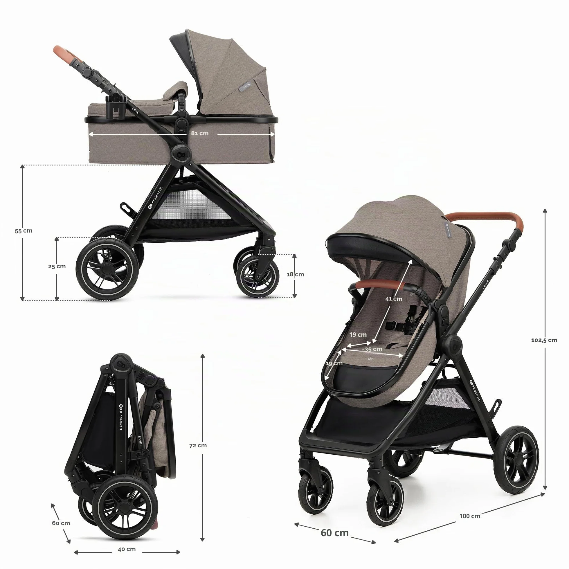 Kinderkraft ESME Trio passeggino neonati 3 in 1 fino 26 kg, Ovetto I-SIZE 40-75 cm, Carrozzina reversibile, Pieghevole, Beige