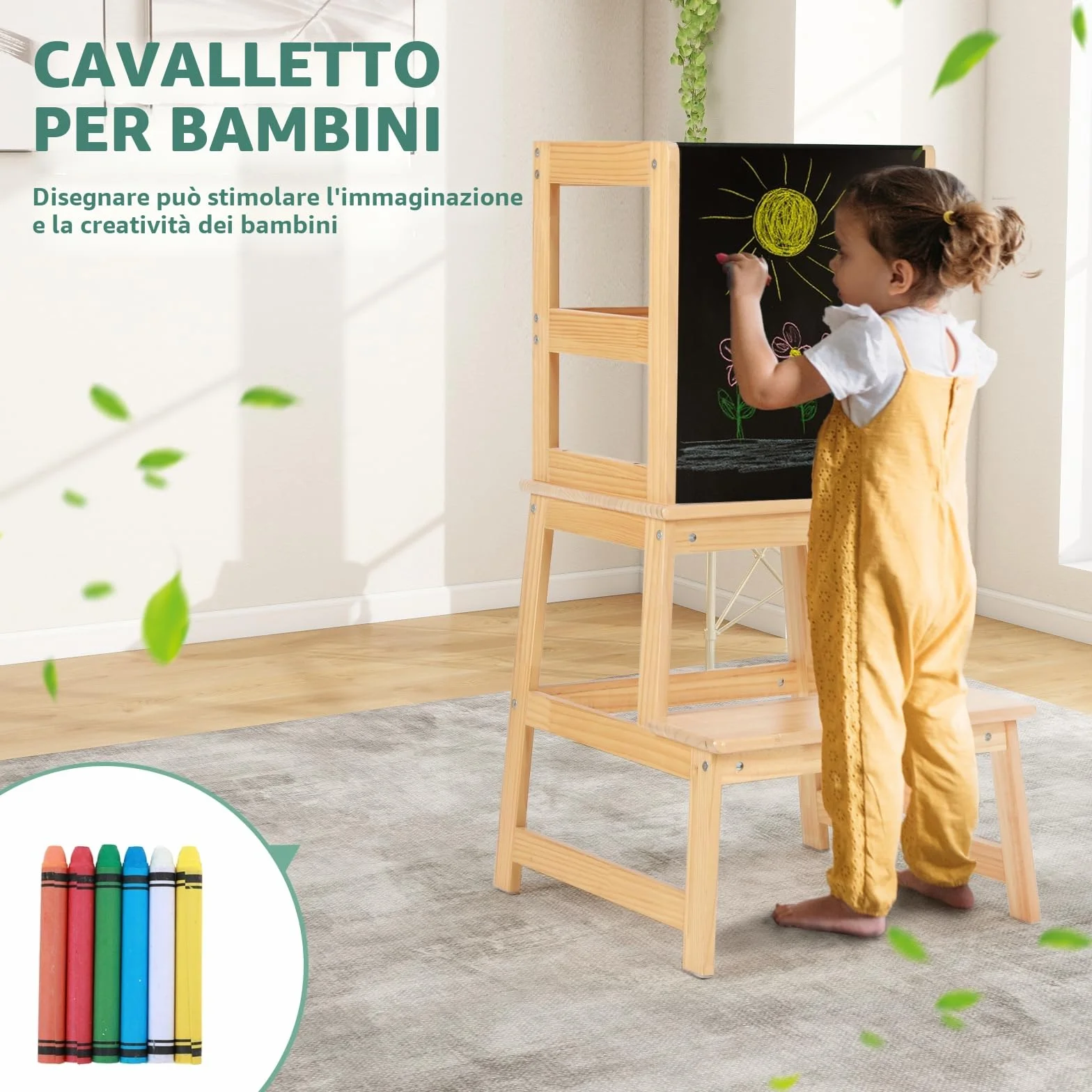 Torre Montessoriana per Bambini con Lavagna e Sbarra di Sicurezza, Sgabello Estraibile per Adulti, Naturale