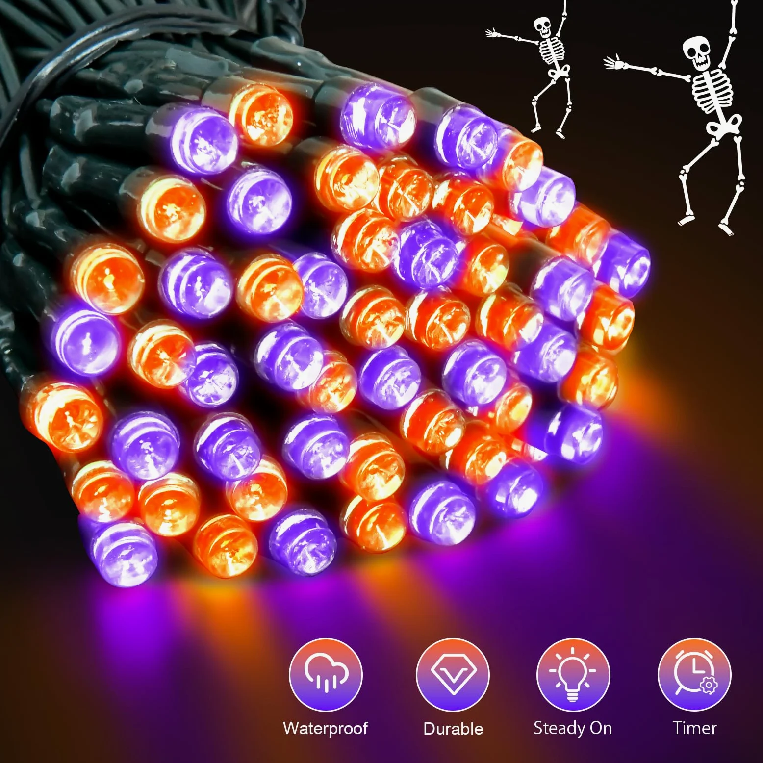 cshare Stringa di luci arancioni e viola con timer impermeabile, luci per Halloween per esterni, 5 m, 50 LED, per interni ed esterni, decorazioni di Halloween, ghirlanda, feste, patio, giardino,