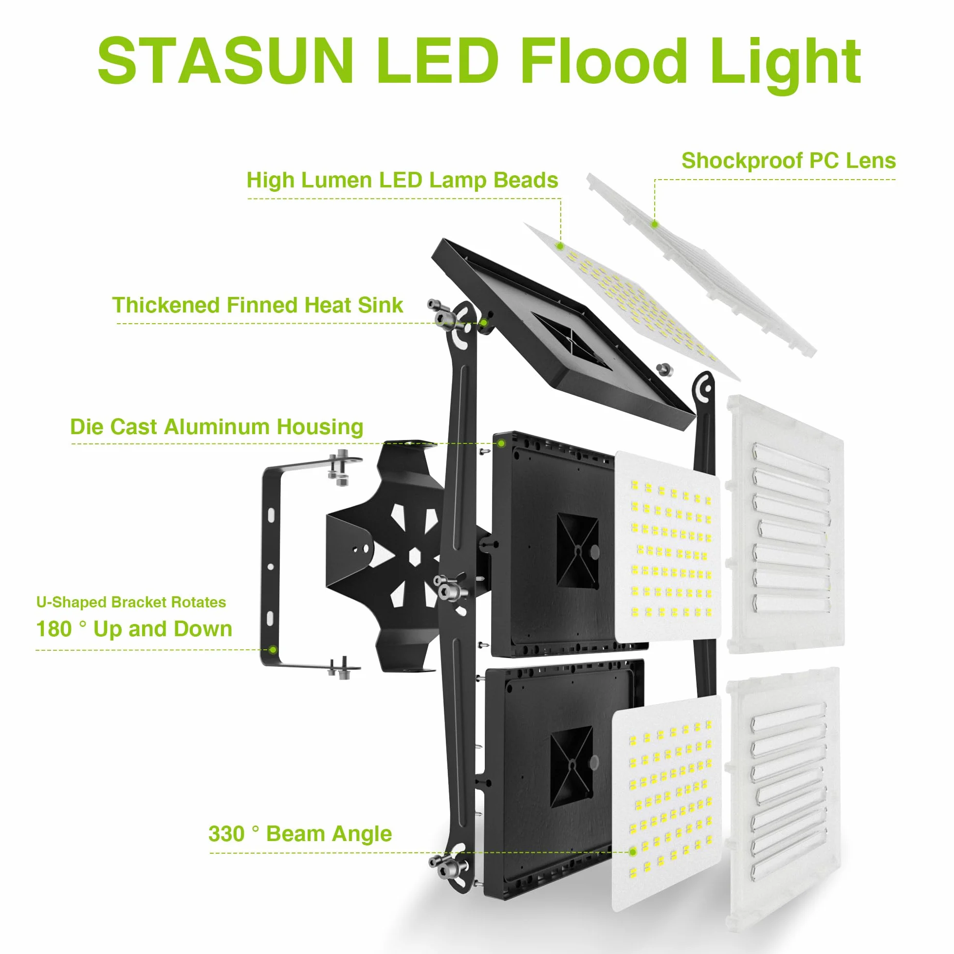 STASUN Proiettore LED da Esterno, Illuminazione Esterna 600W 54000LM, Bianco Luce Diurna 5000K, Riflettore per Esterni Impermeabile IP66 Faretto di Sicurezza per Esterni con 3 Teste Regolabili