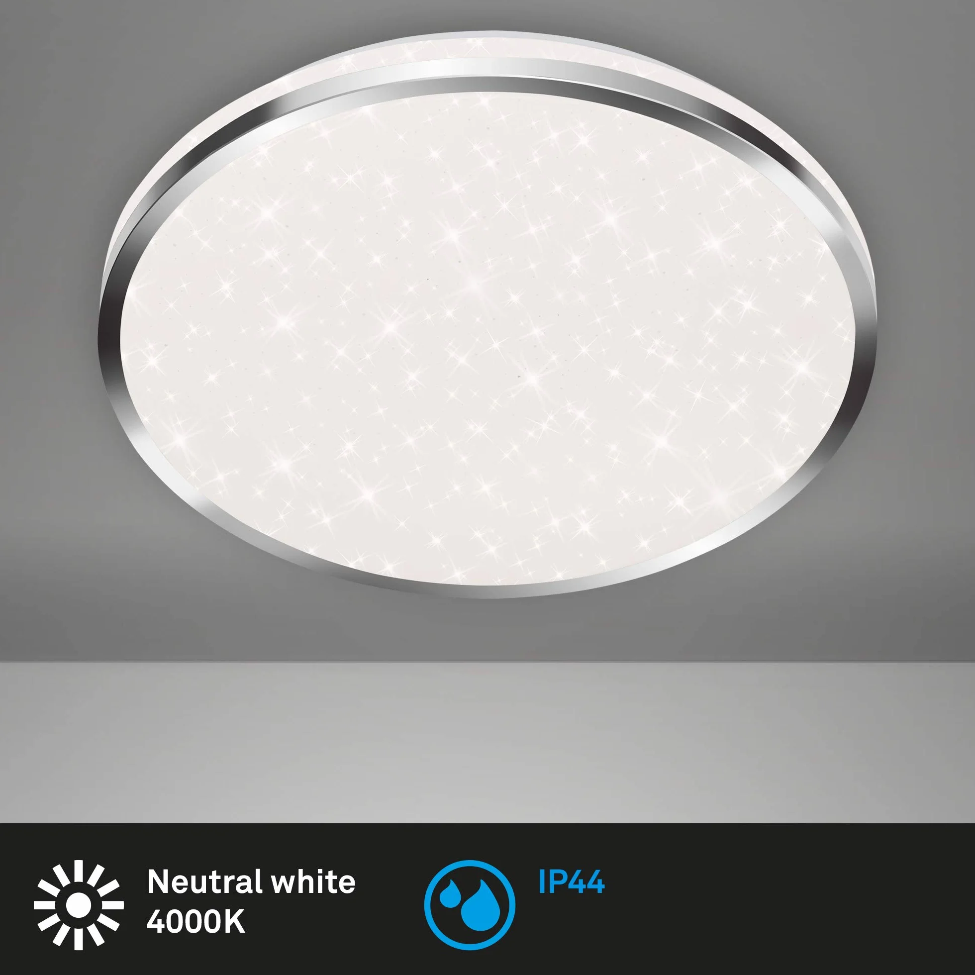 BRILONER Leuchten Plafoniera a LED, Lampada da soffitto con Fantasia a Stelle, per Il Bagno, IP44, 12 Watt, 1.200 Lumen, 4.000 Kelvin, Cromo, 280x70mm (DxH), Bianco Cromato