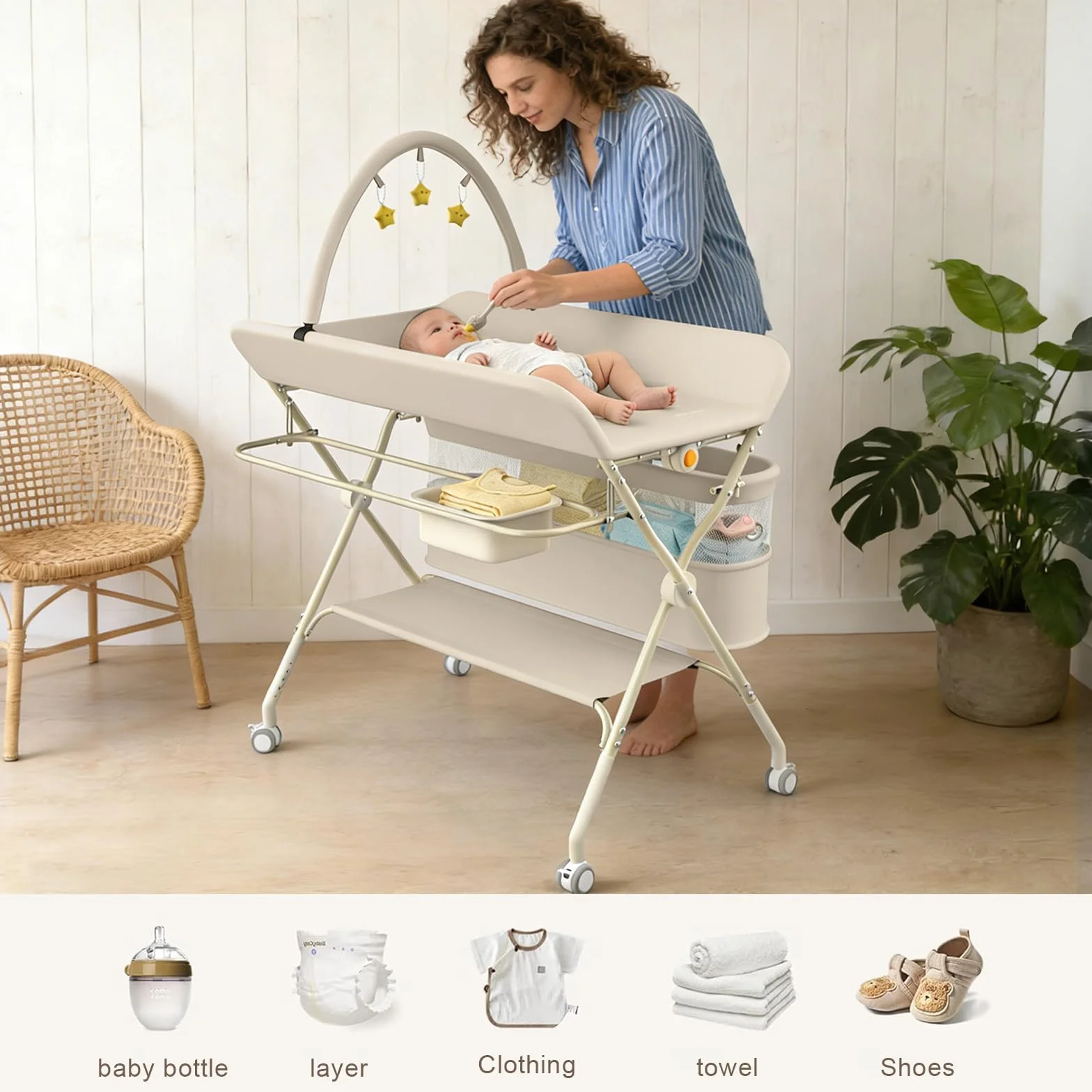 Fasciatoio Neonato Pieghevole Portatile Altezza Regolabile con Ruote Silenziose 360° Bloccabili Bianco Latte 75x68x83-91cm