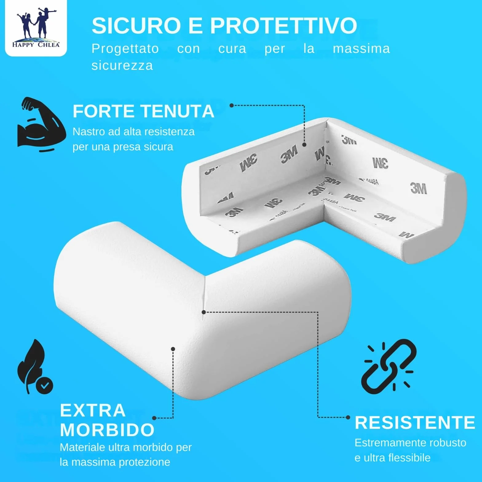 HAPPY CHLEA Paraspigoli Angolari in Gomma con Schiuma Attiva, 20 Morbidi e 2 Blocca Cassetti, Bianco