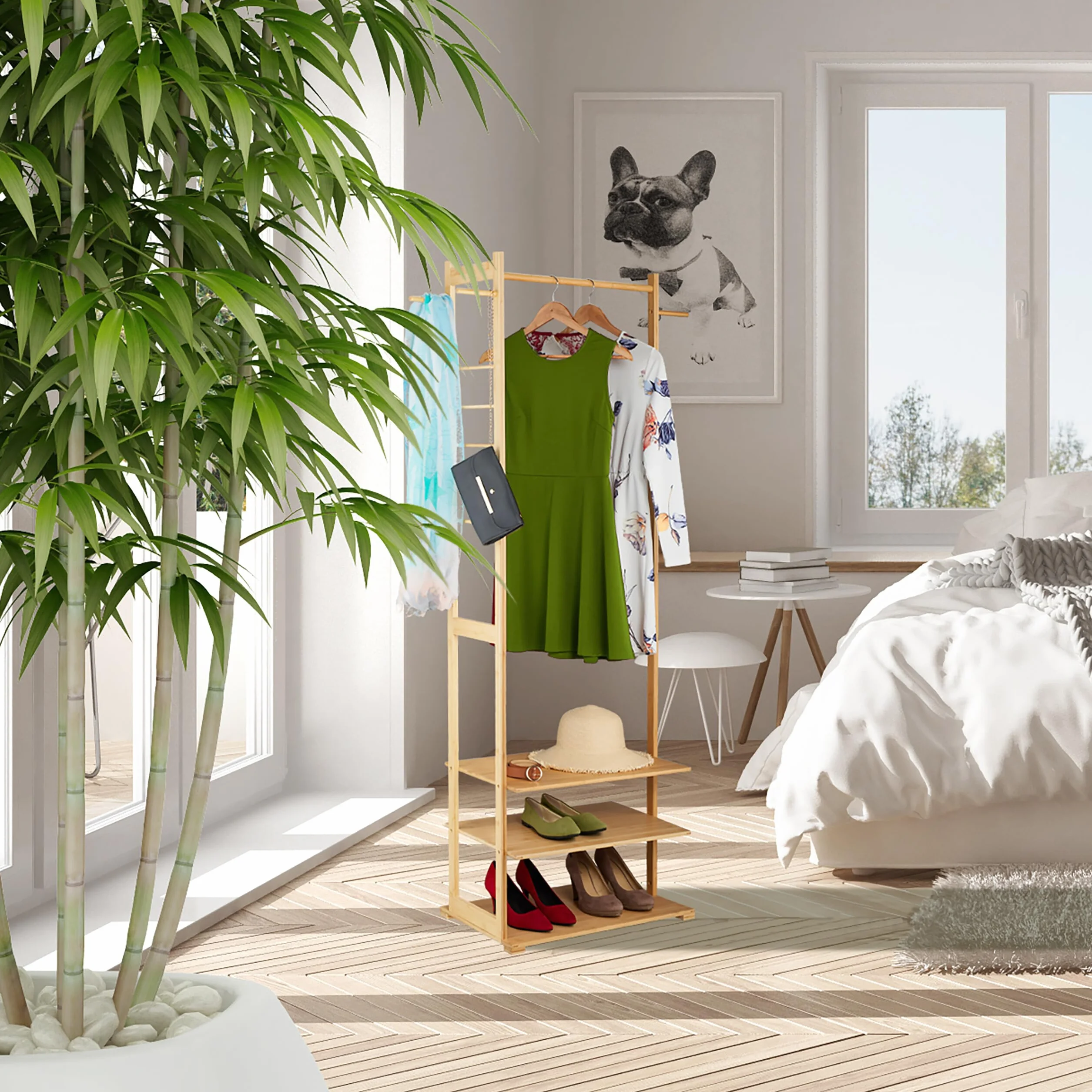 Relaxdays Appendiabiti in bambù 3 Ripiani 3 Ganci 177,5x81x38 cm Marrone Naturale