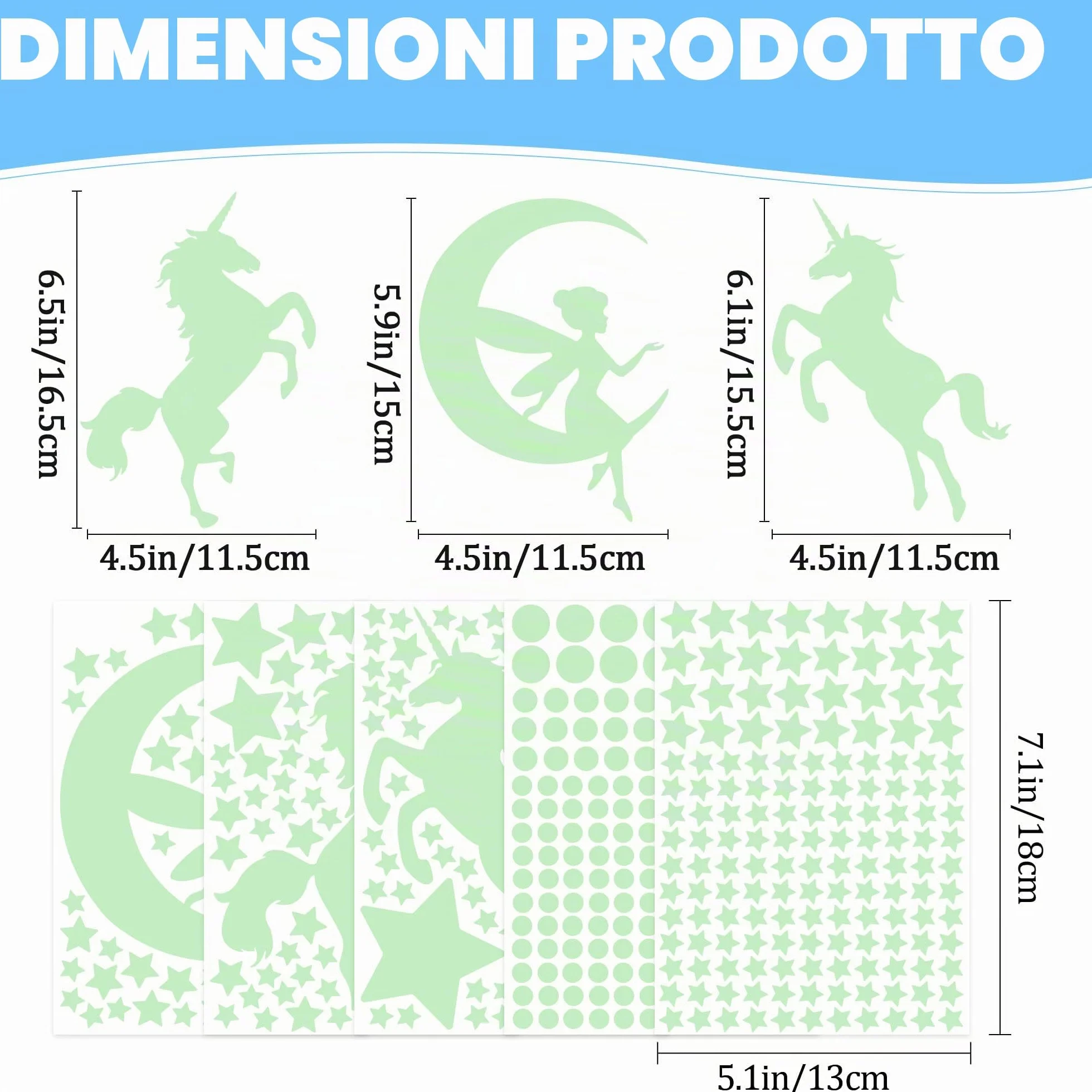 Adesivi Murali Fluorescenti Unicorno Stelle 585 Pezzi per Cameretta Bambine Soggiorno
