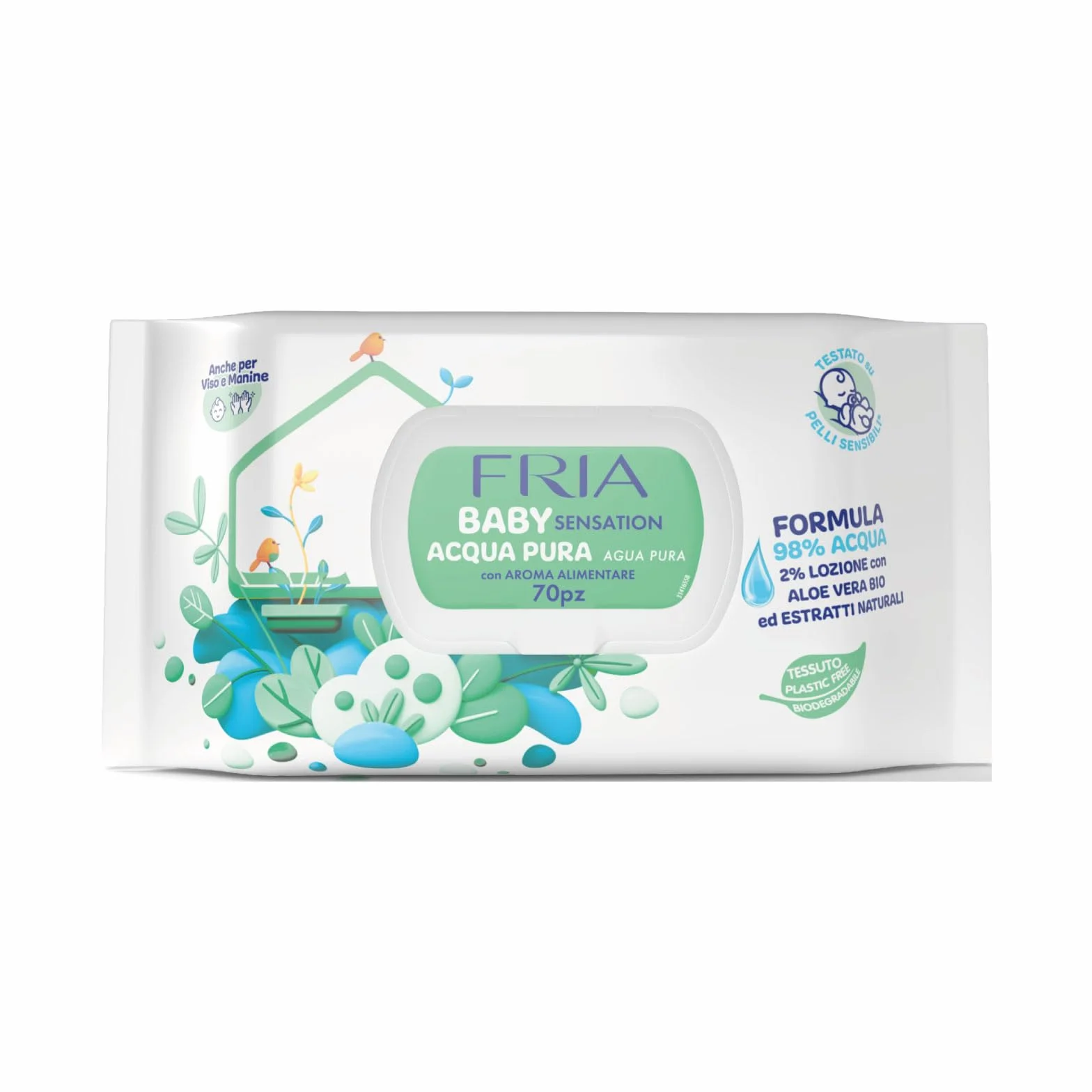 Fria Baby Sensation Acqua Pura Salviette per Cambio Pannolino, 98% Acqua Purificata, 70 Salviette