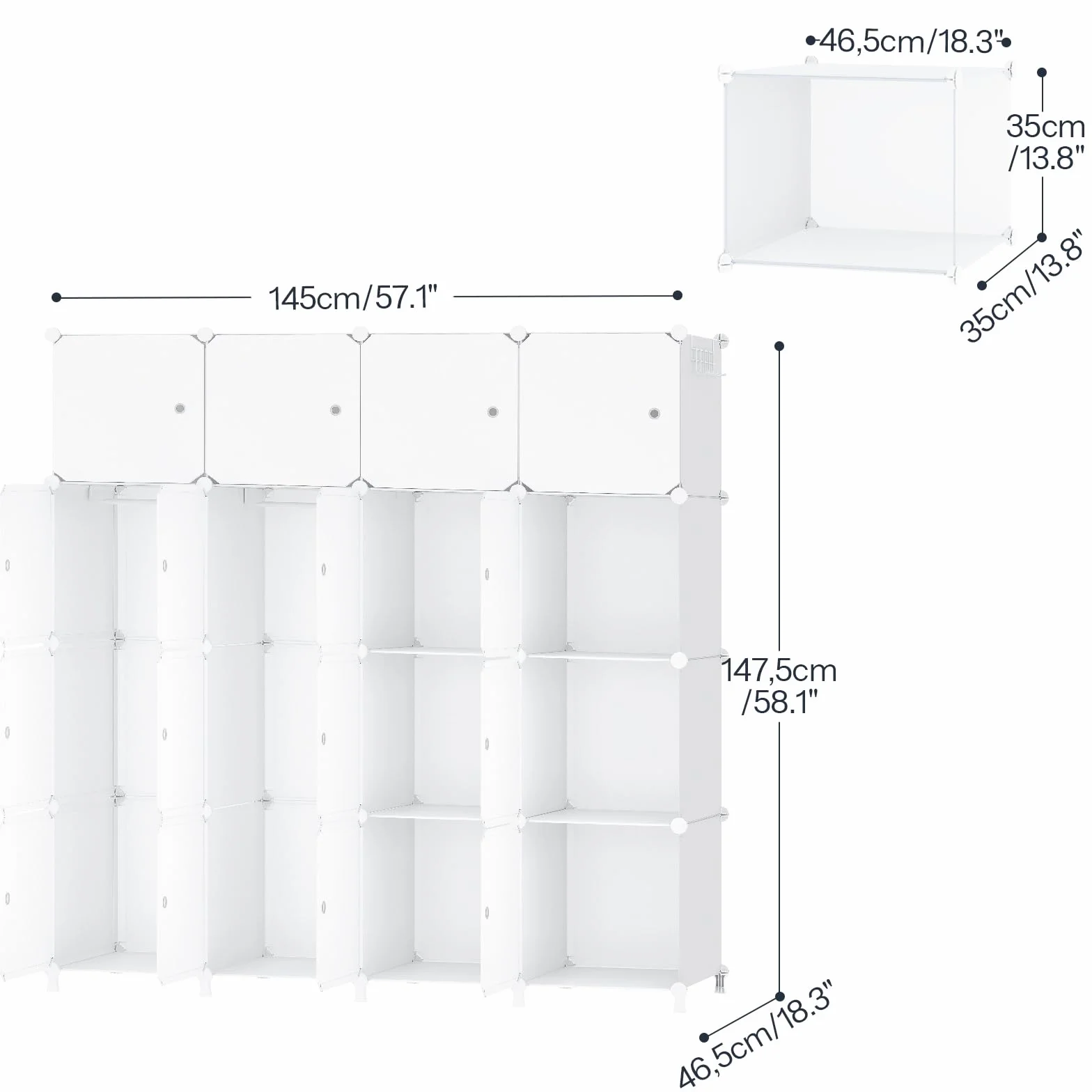 HOOBRO Armadio Modulare 16 Cubi con Ante, Portatile Guardaroba 2 Barra Appendiabiti, Bianco