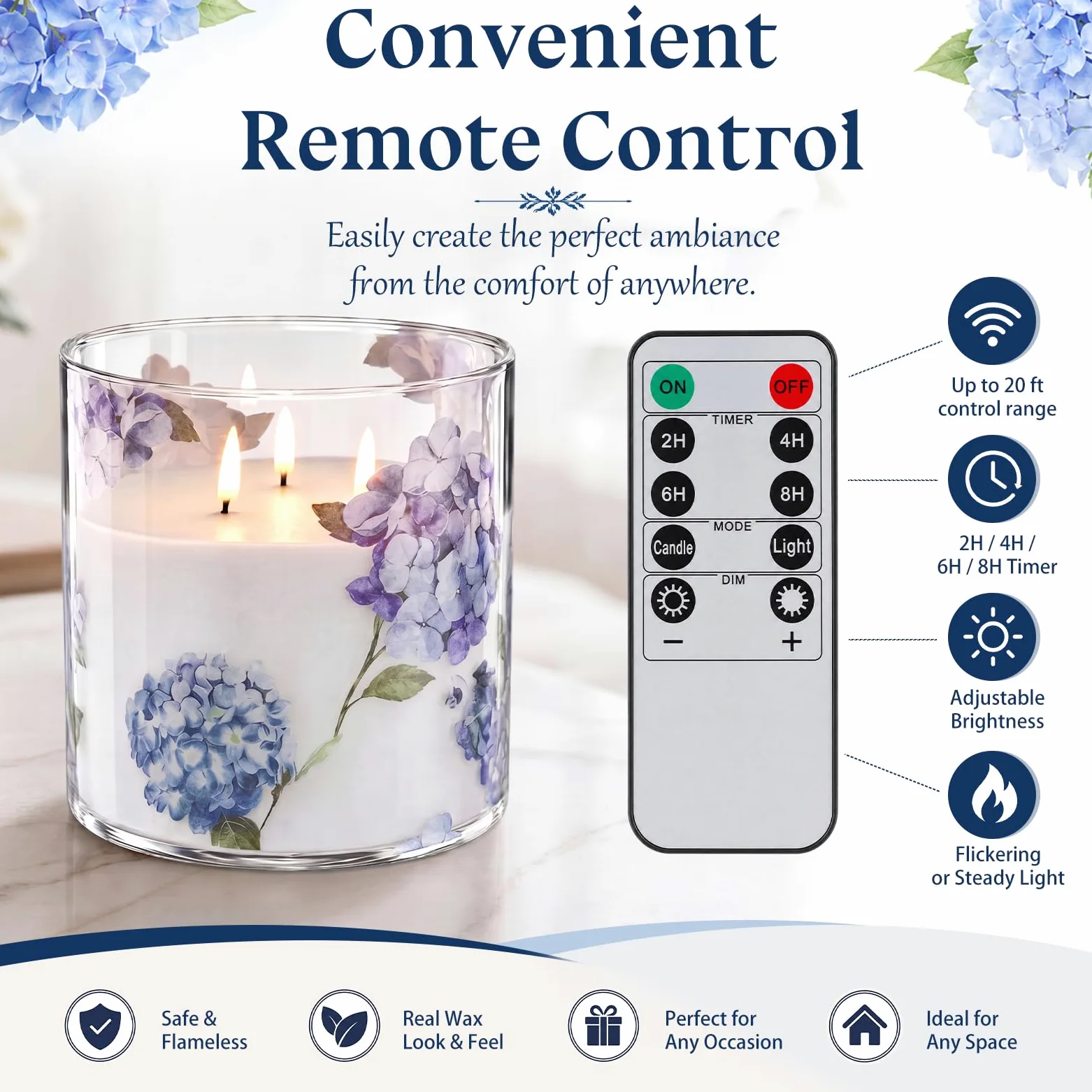 Gerrii Grande candela in vetro senza fiamma a forma di ortensia con 3 stoppini, 15,2 x 15,2 cm, candela in vetro blu con stampa floreale a ortensia blu con timer remoto, candele LED tremolanti in vera
