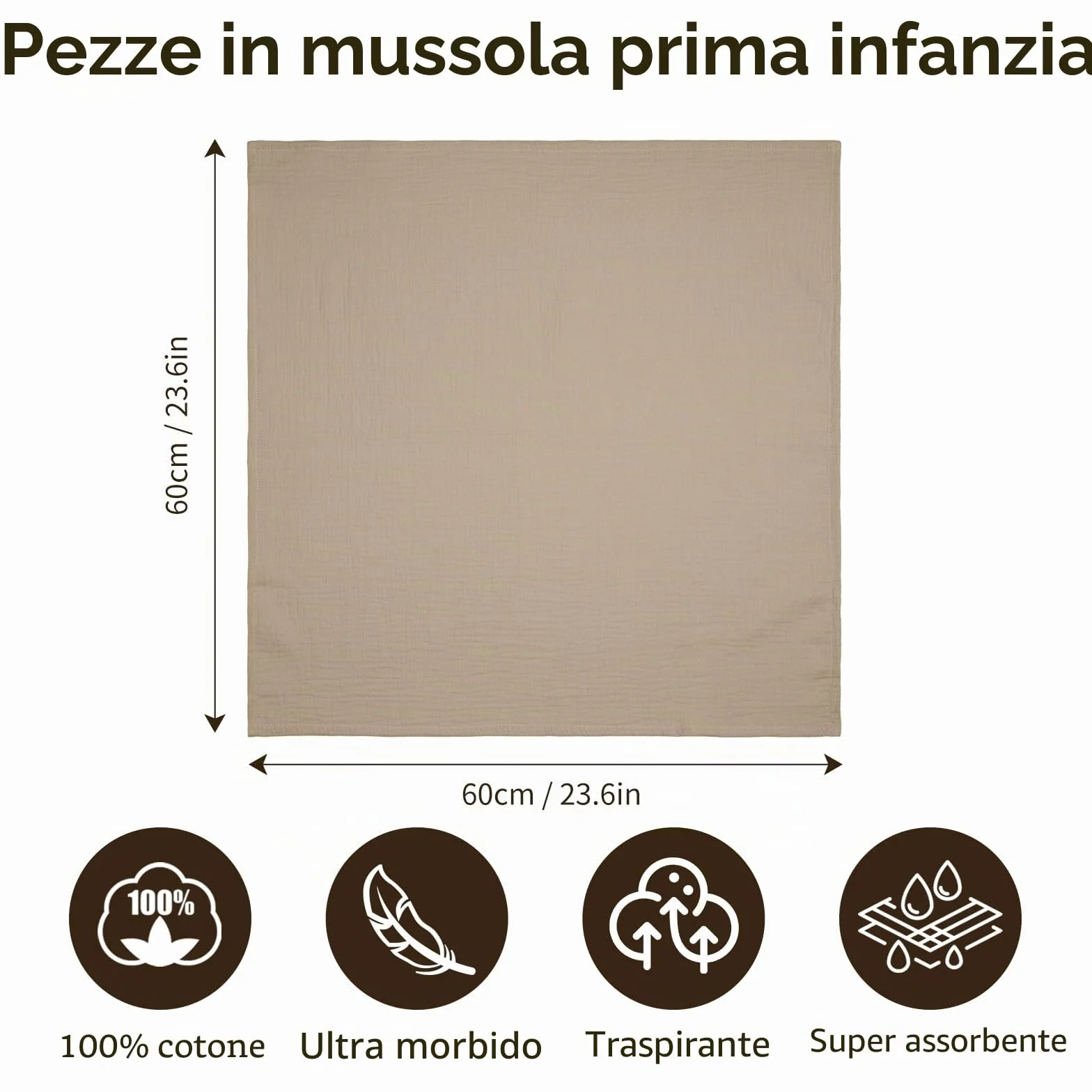 Mussole Neonato 60x60 cm Set 4 Pezzi 100% Cotone Marrone