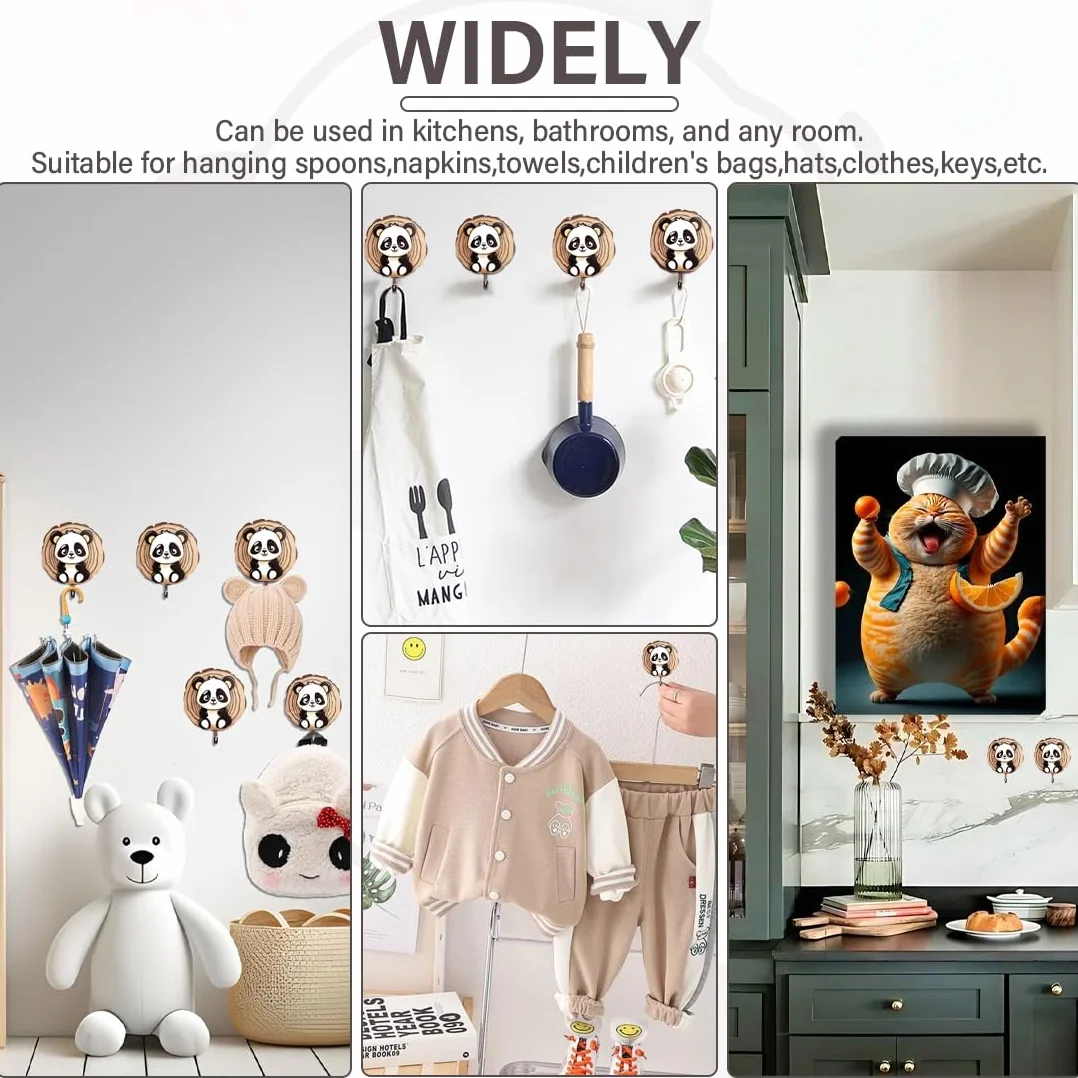 Ganci Autoadesivi per Bambini Panda, Appendini da Parete per Animali, Cappelli, Cucina e Bagno 4 Pezzi