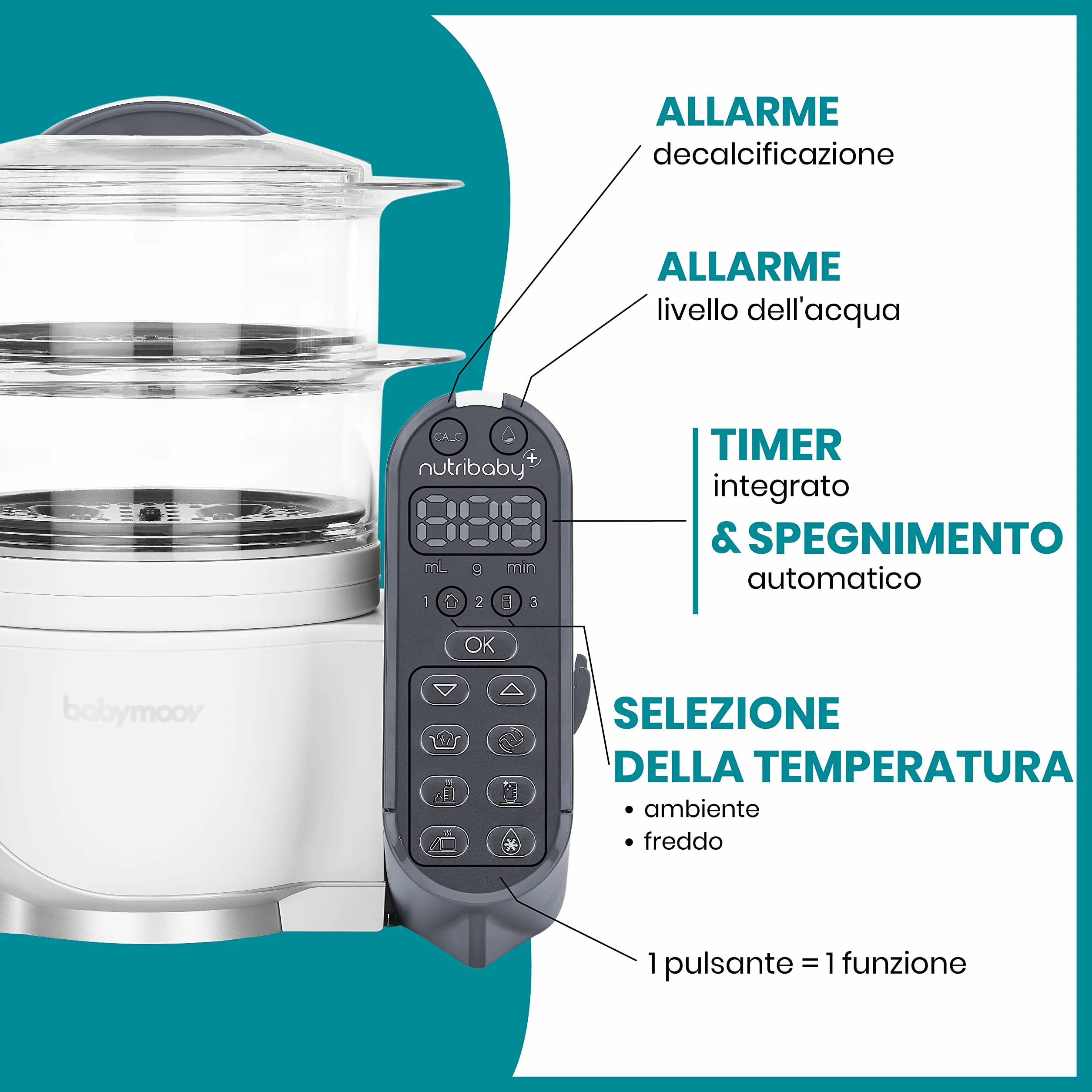 Babymoov Nutribaby+ Cuocipappa Multifunzione 6 in 1 Cuocivapore Frullatore Grande Capacità Bianco