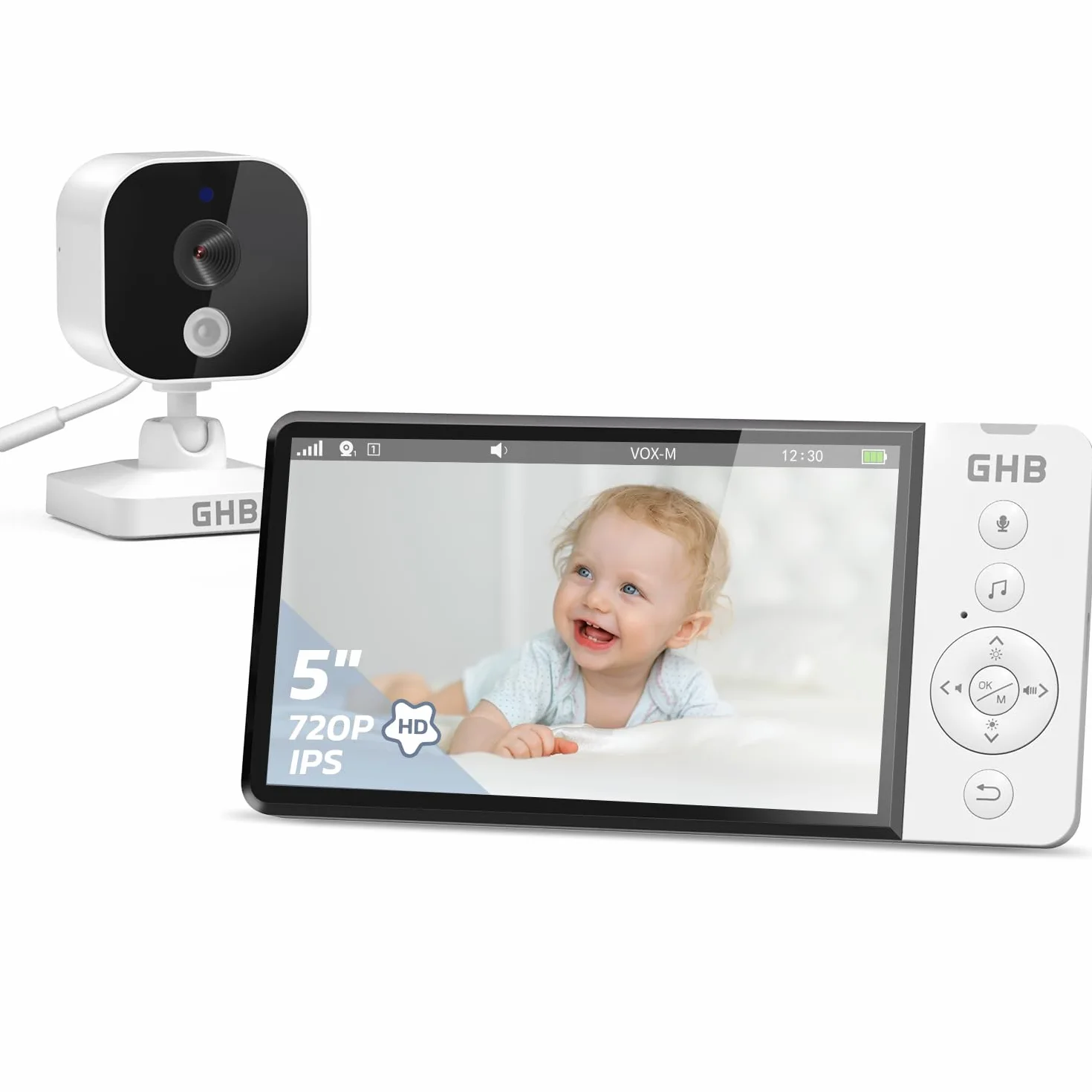 Baby Monitor Video Audio 5" Schermo IPS 5000mAh Visione Notturna Sensore Temperatura VOX Ninnananna