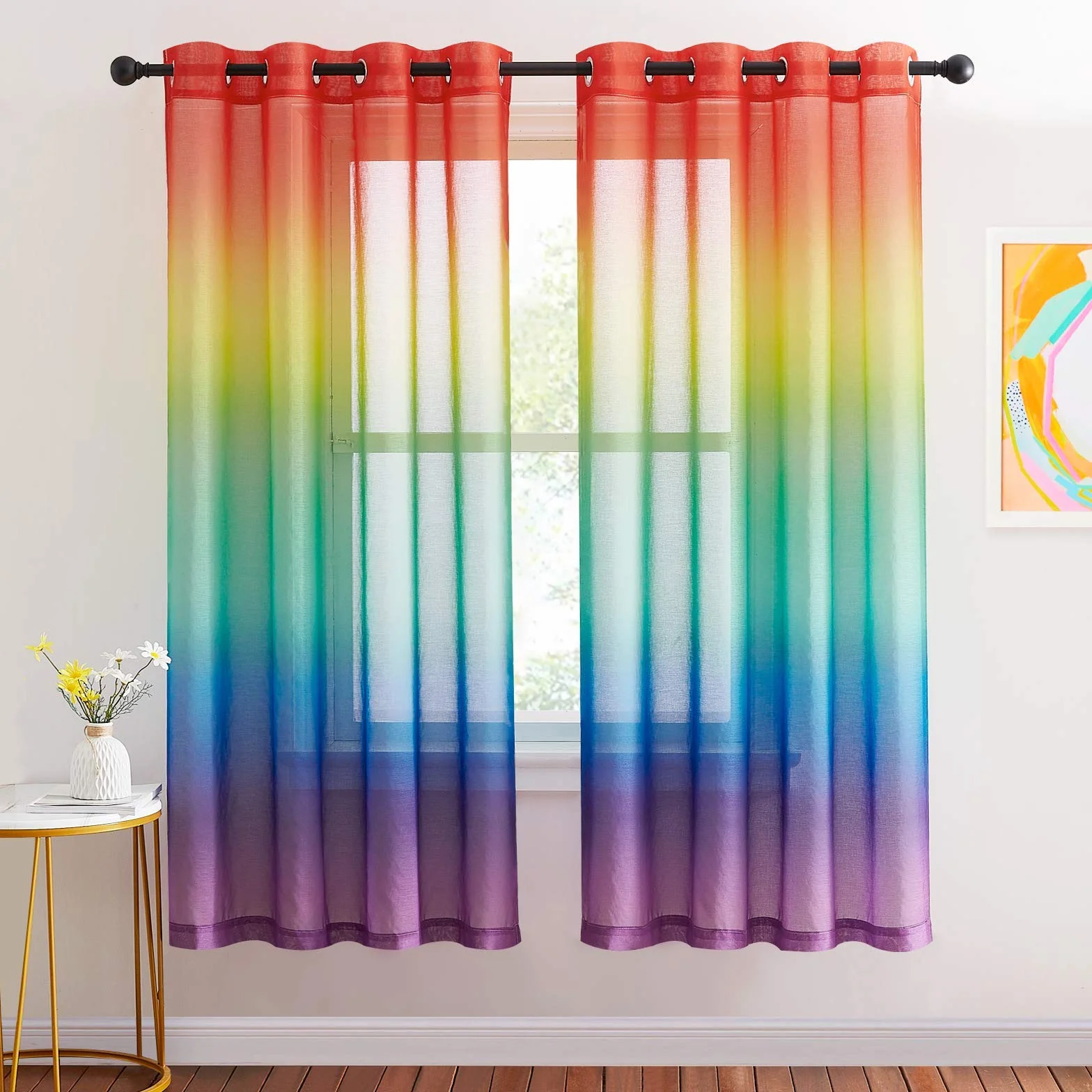 NICETOWN Tende in Voile per Camera da Letto, Lino, Colori Sfumati Iridescenti, 140 x 175, Arcobaleno, Confezione da 2