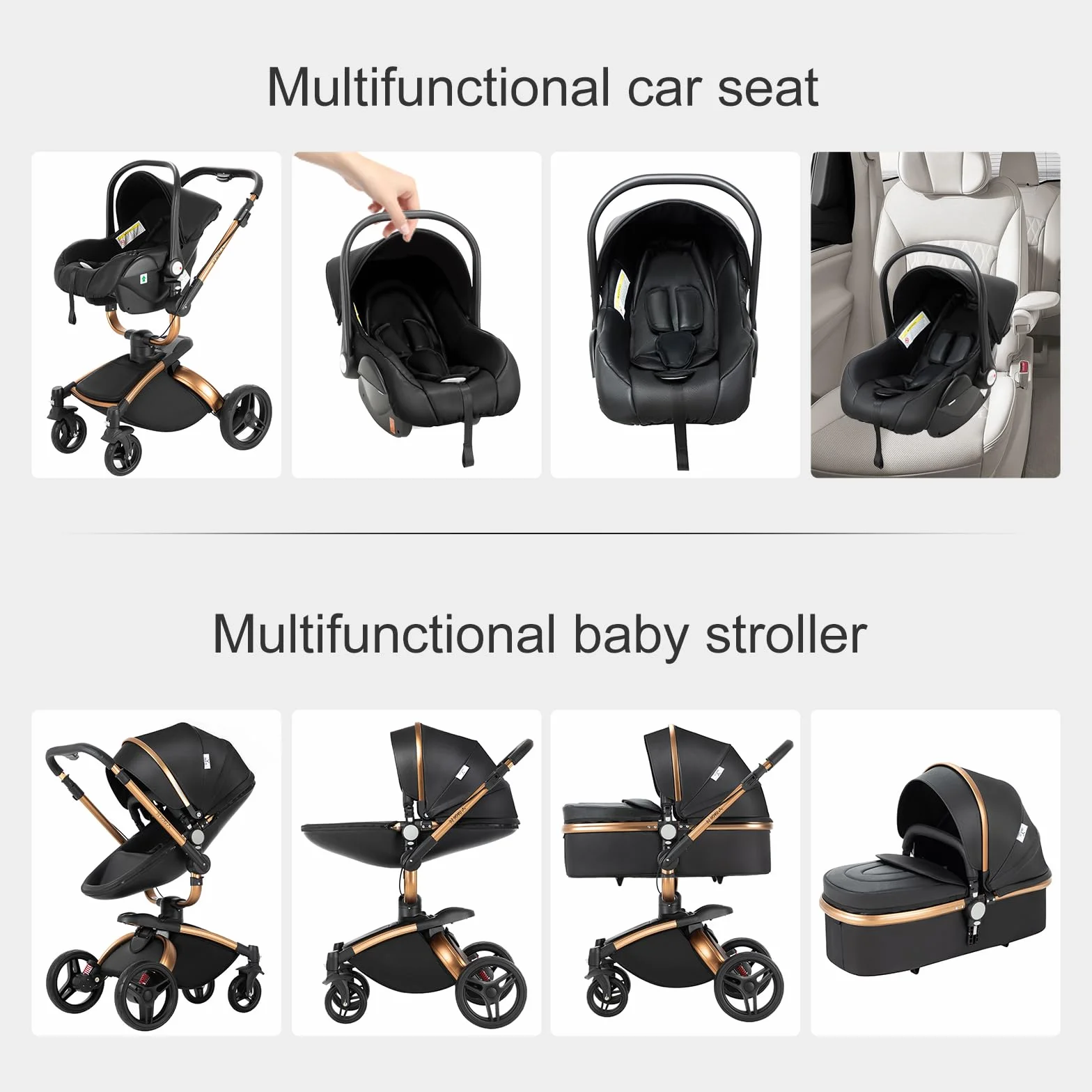 Passeggino 3in1 in pelle PU rotabile 360° con modalità culla | Pieghevole con un clic Convertibilità da neonato a toddler Rosa