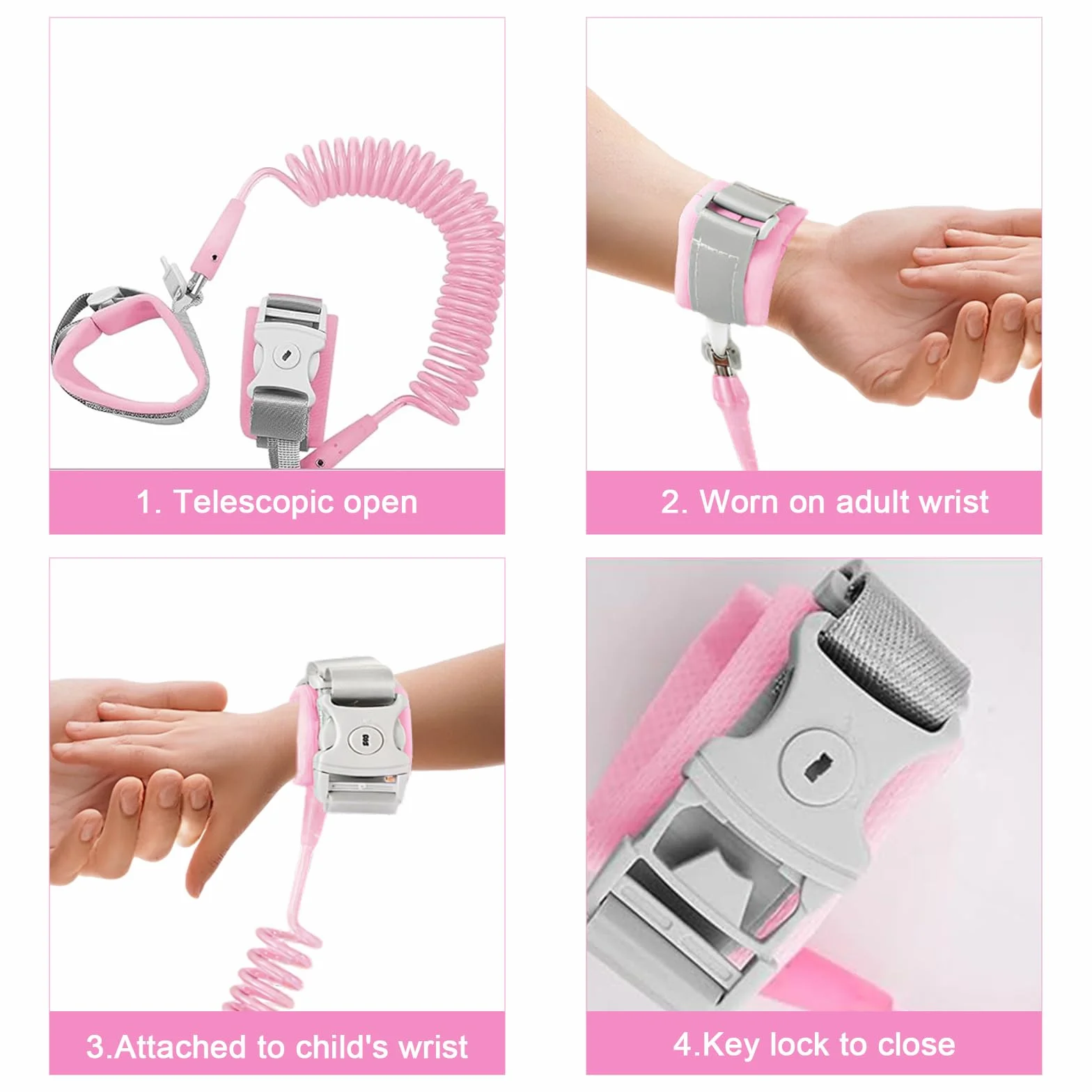 Guinzaglio per bambini 2,5M con chiave Braccialetto anti-perso regolabile 360° Rosa
