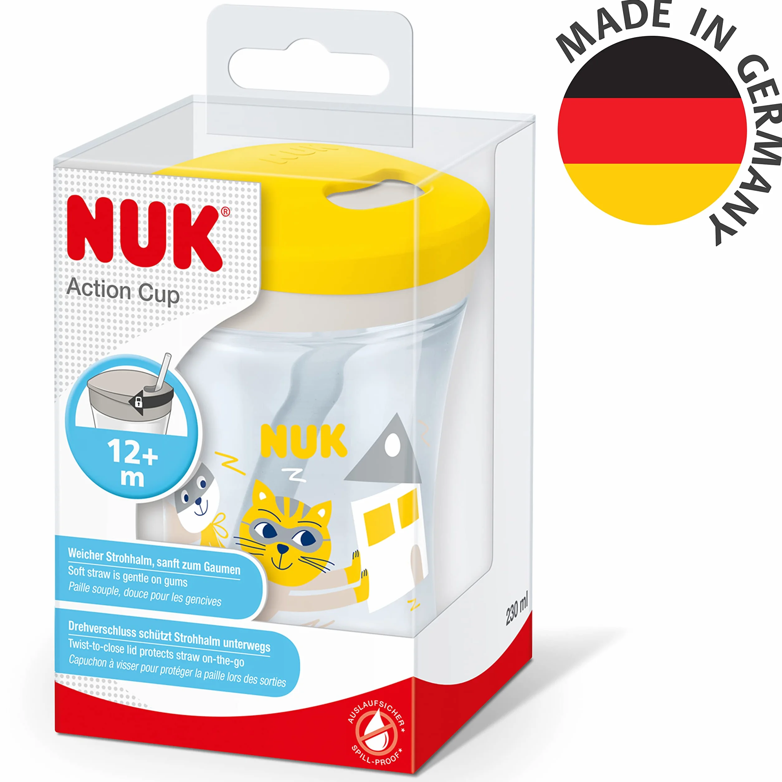 NUK Action Cup Bicchiere con Cannuccia per Bambini 230ml Gatto Giallo