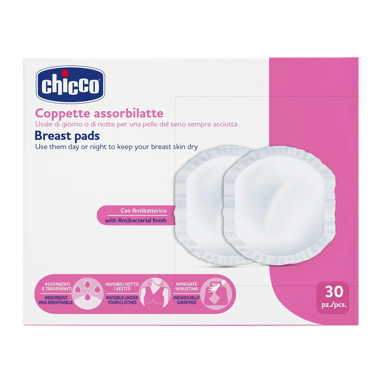 Chicco Coppette Assorbilatte Giorno e Notte, Ultra-Assorbenti, Morbide, Traspiranti, 30 Pezzi, Bianco