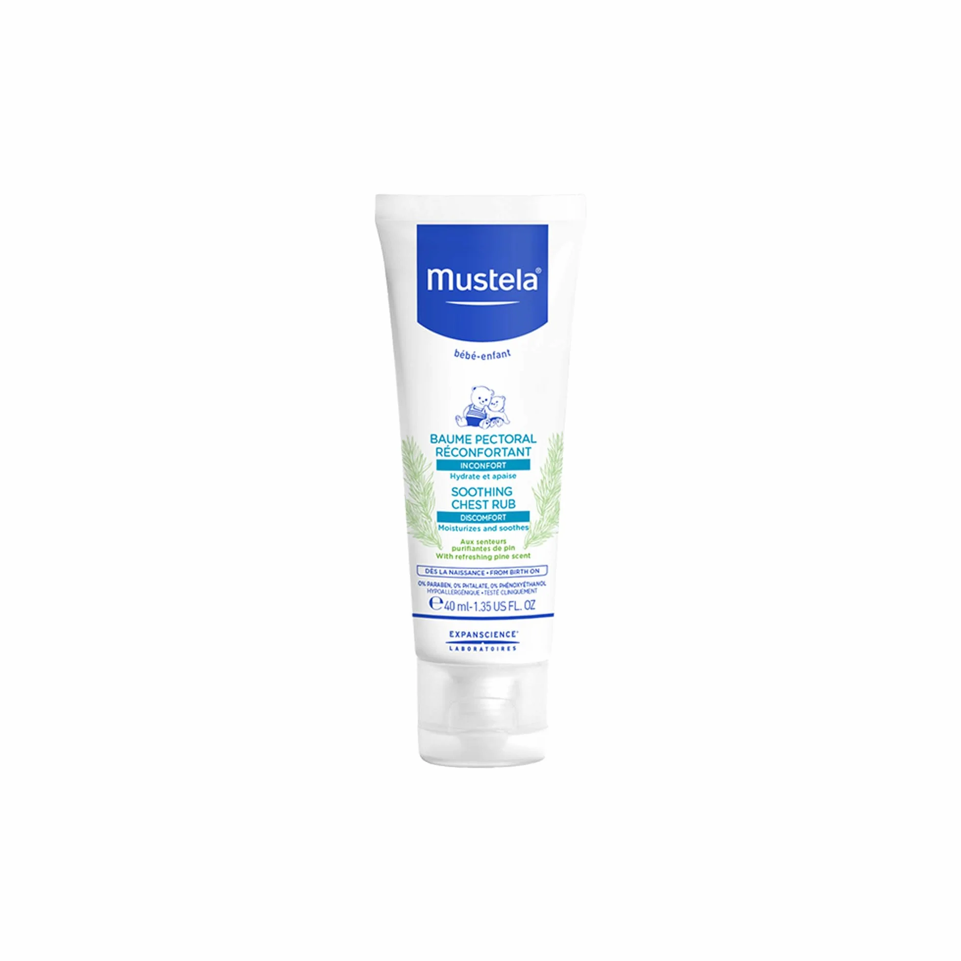 Mustela Crema Massaggio Balsamica 40ml per Raffreddore Naso Chiuso Tosse Camomilla Miele Karité Avocado Tiglio Pino