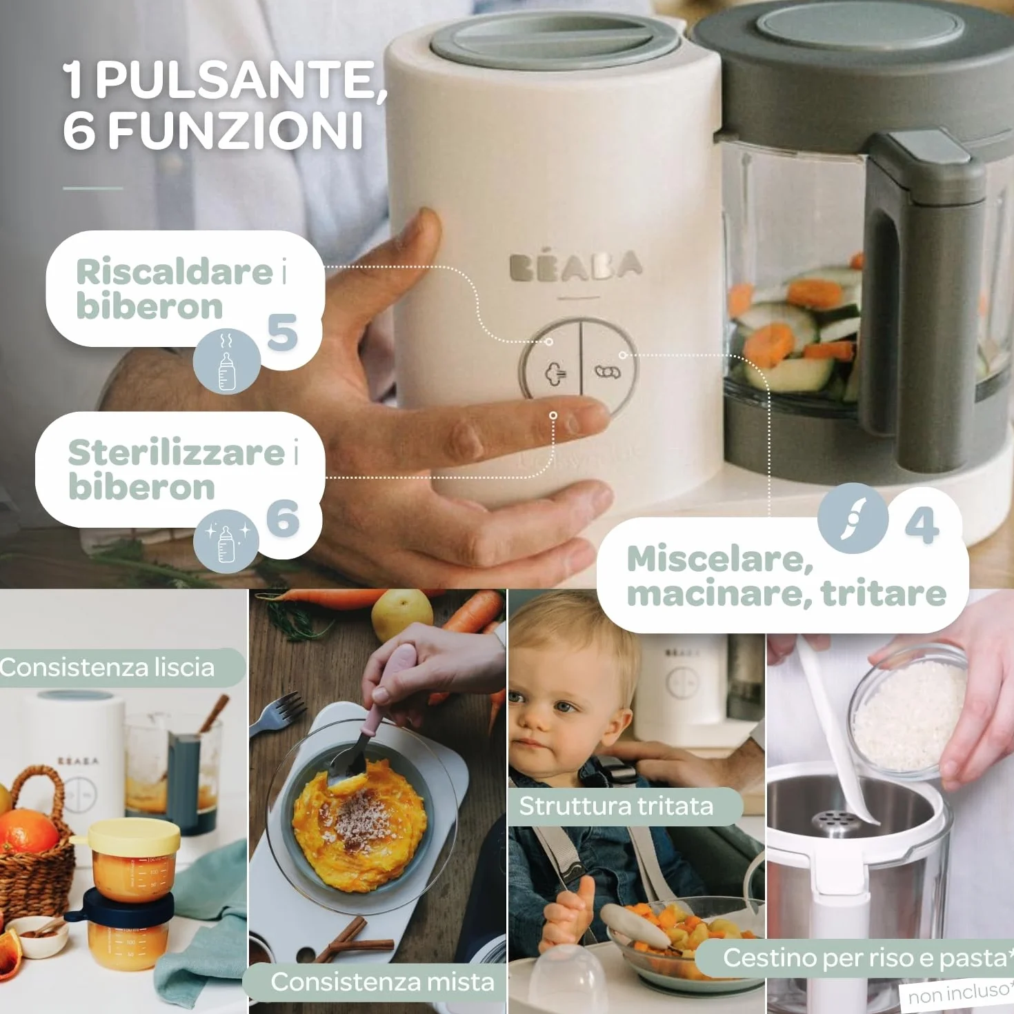 BÉABA Babycook Néo Cuocipappa Omogeneizzatore 6 in 1 Cottura a Vapore Delicata Bicchiere Vetro Acciaio Inox Bianco